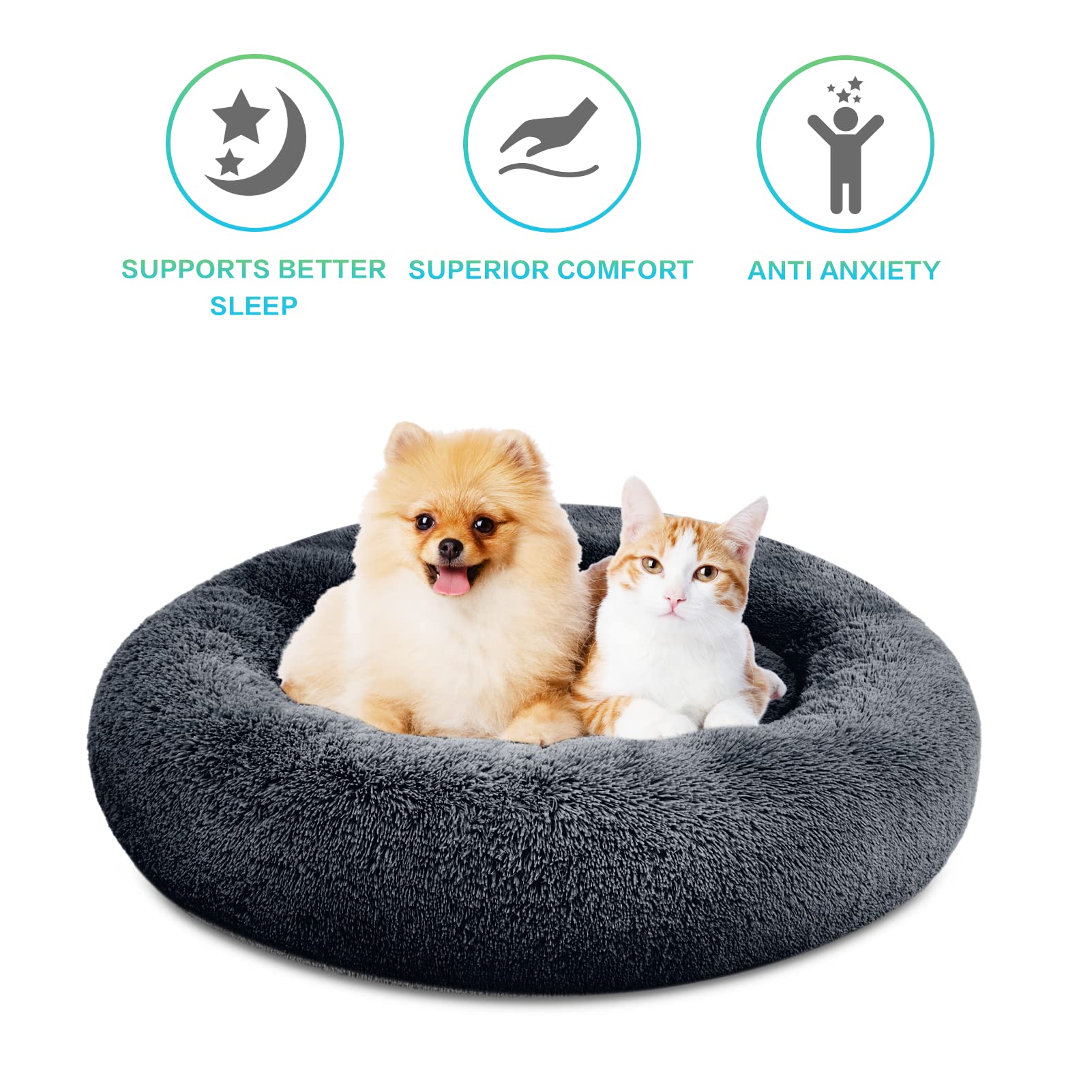 SAVFOX Plush Donut Dog Bed, X-Large 45"x45", Dark Grey Faux Fur, Washable Cuddler Bed for Small to Large Dogs and Cats
