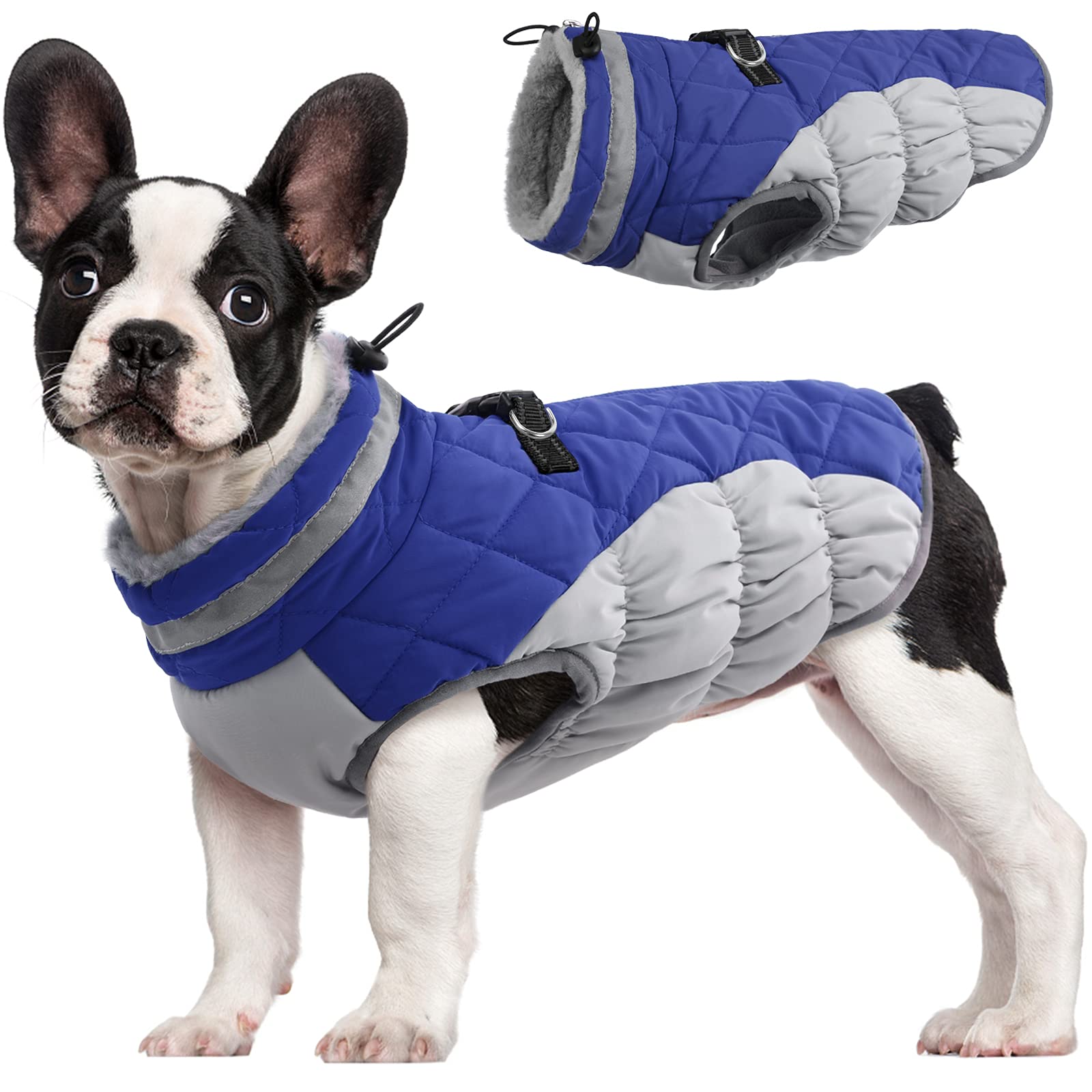 Fuamey Warm Dog Jacket, Winter Coat With Padded Fleece, Reflective Vest, Built-In Harness, Waterproof & Windproof, Blue, X-Small