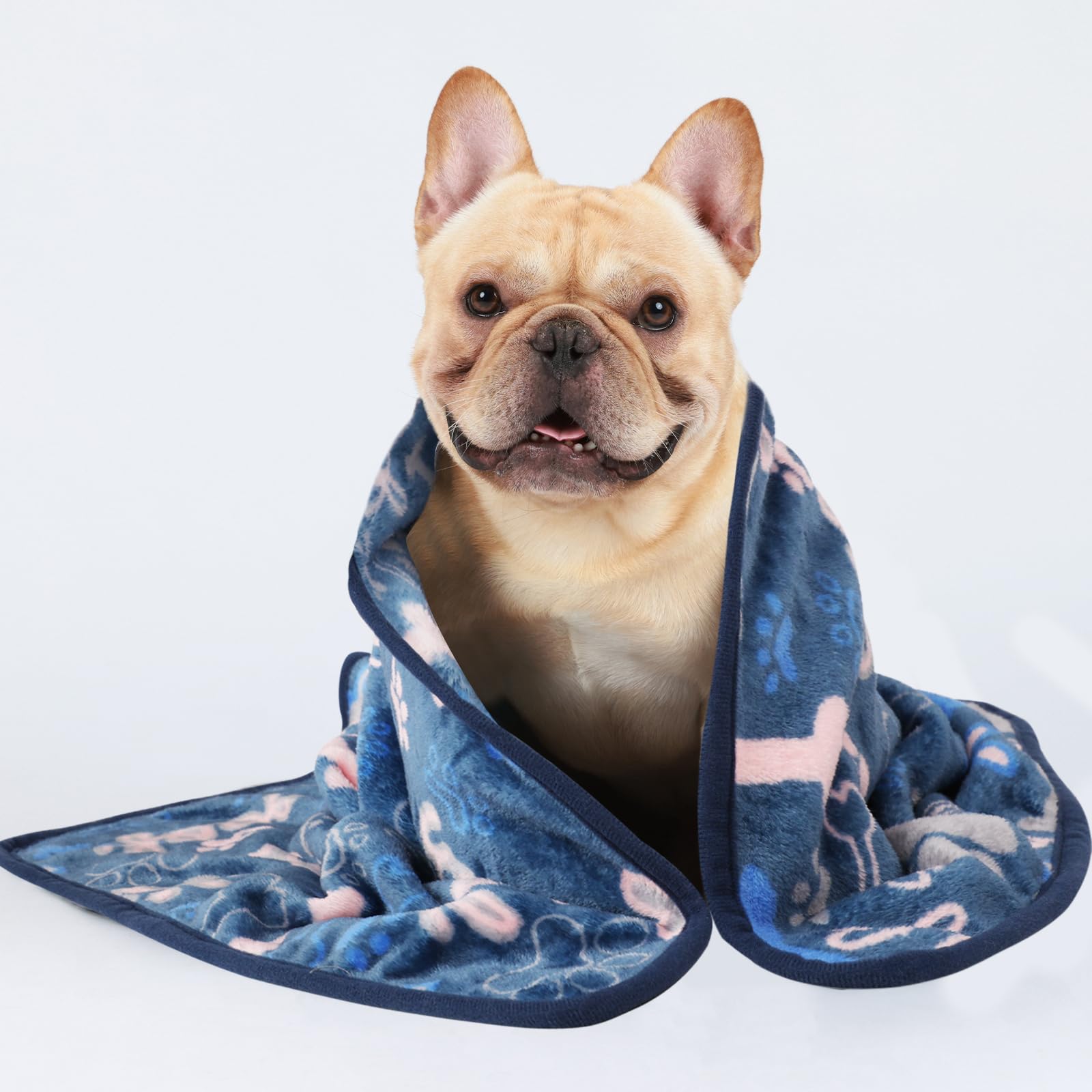 Luciphia 1 Pack 3 Blankets Fluffy Premium Fleece Pet Blanket Flannel Paw Bone Printed Throw For Dog Cat(Medium 30'X20', Khaki/Blue/Navy)