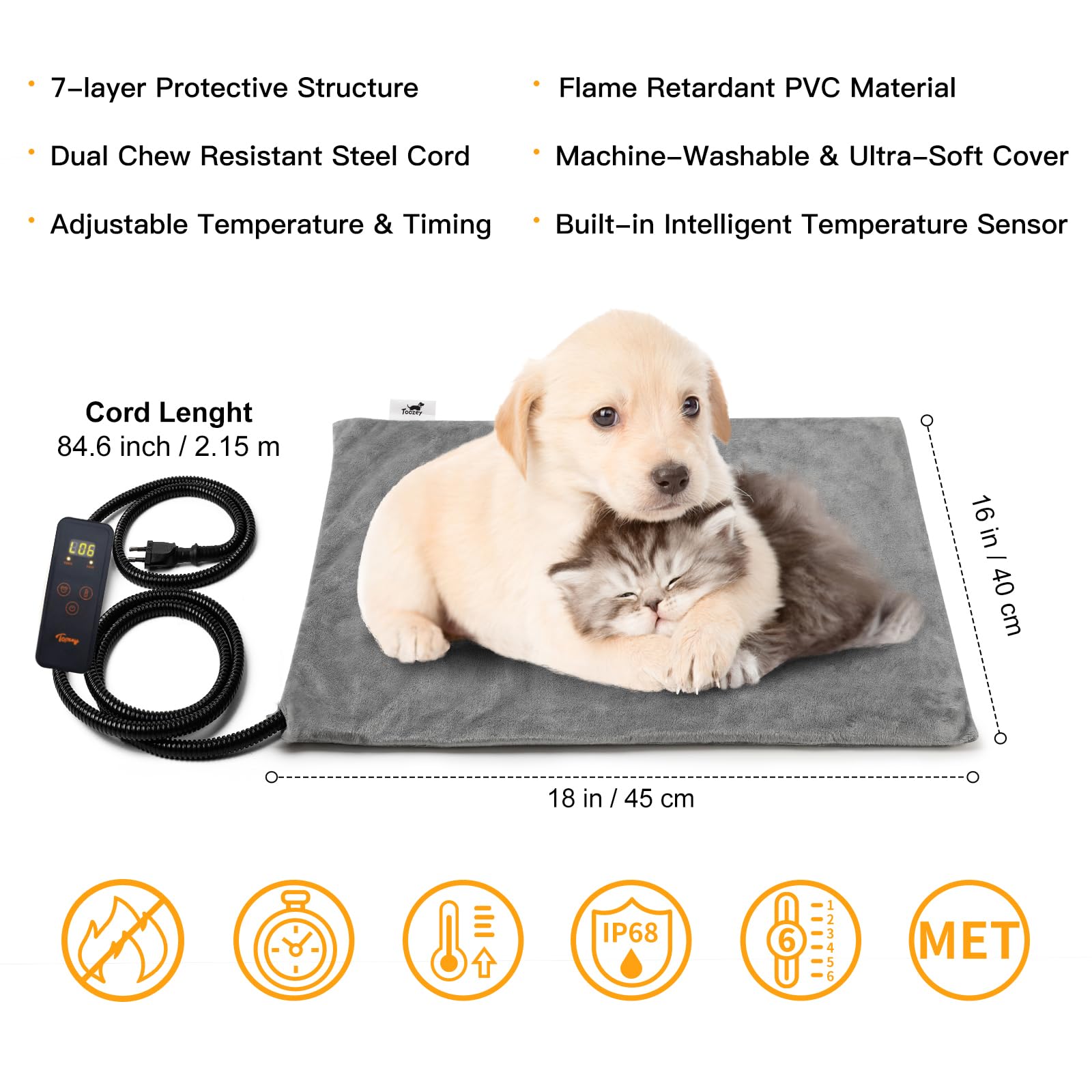 Toozey Pet Heating Pad, 6 Adjustable Temperature Dog Cat Heating Pad With Timer, Indoor Pet Heating Pads For Dogs With Chew Resistant Cord