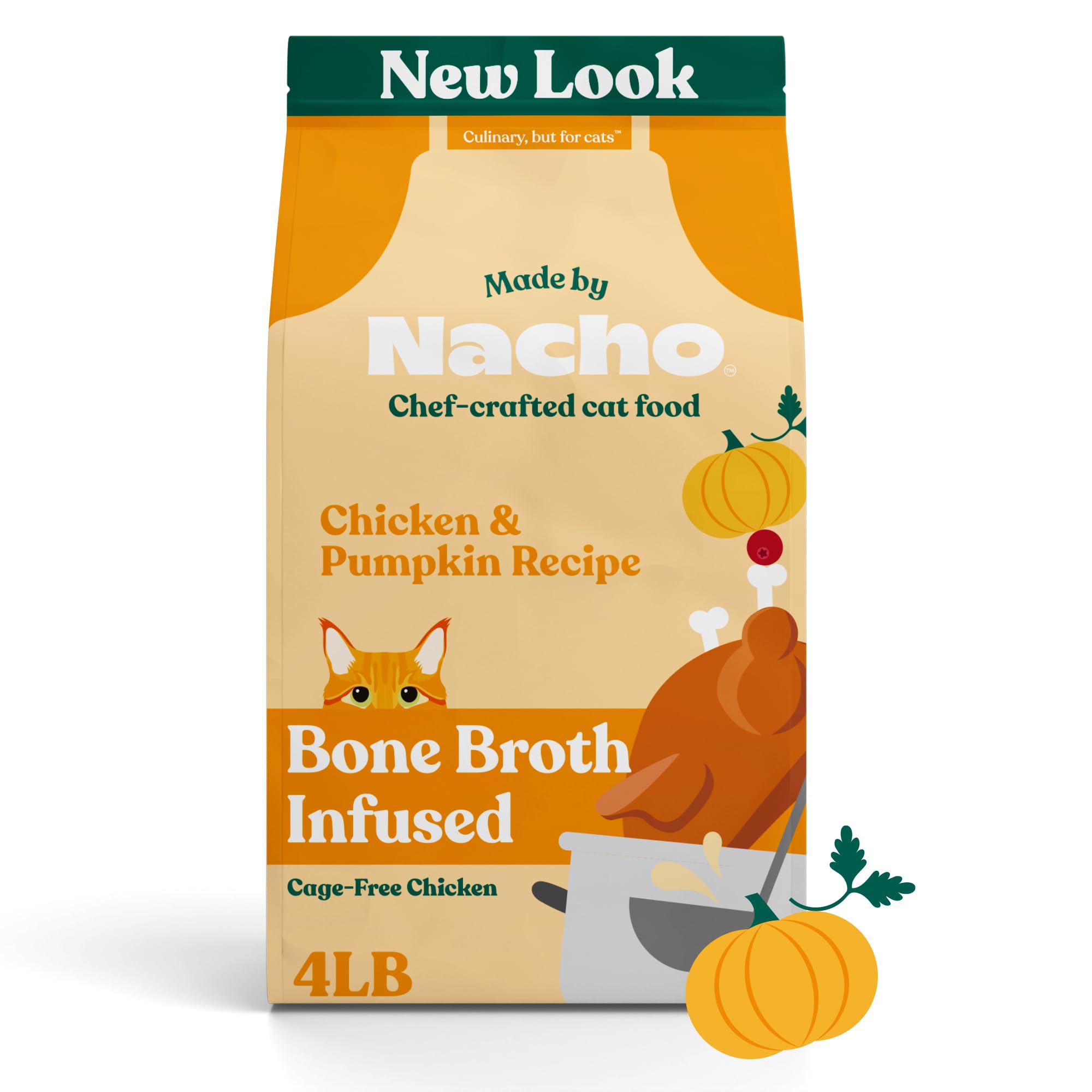 Made by Nacho Bone Broth Infused Dry Cat Kibble - Cage-Free Chicken & Pumpkin Recipe - Premium Grain-Friendly Cat Food 4lb Bag, 