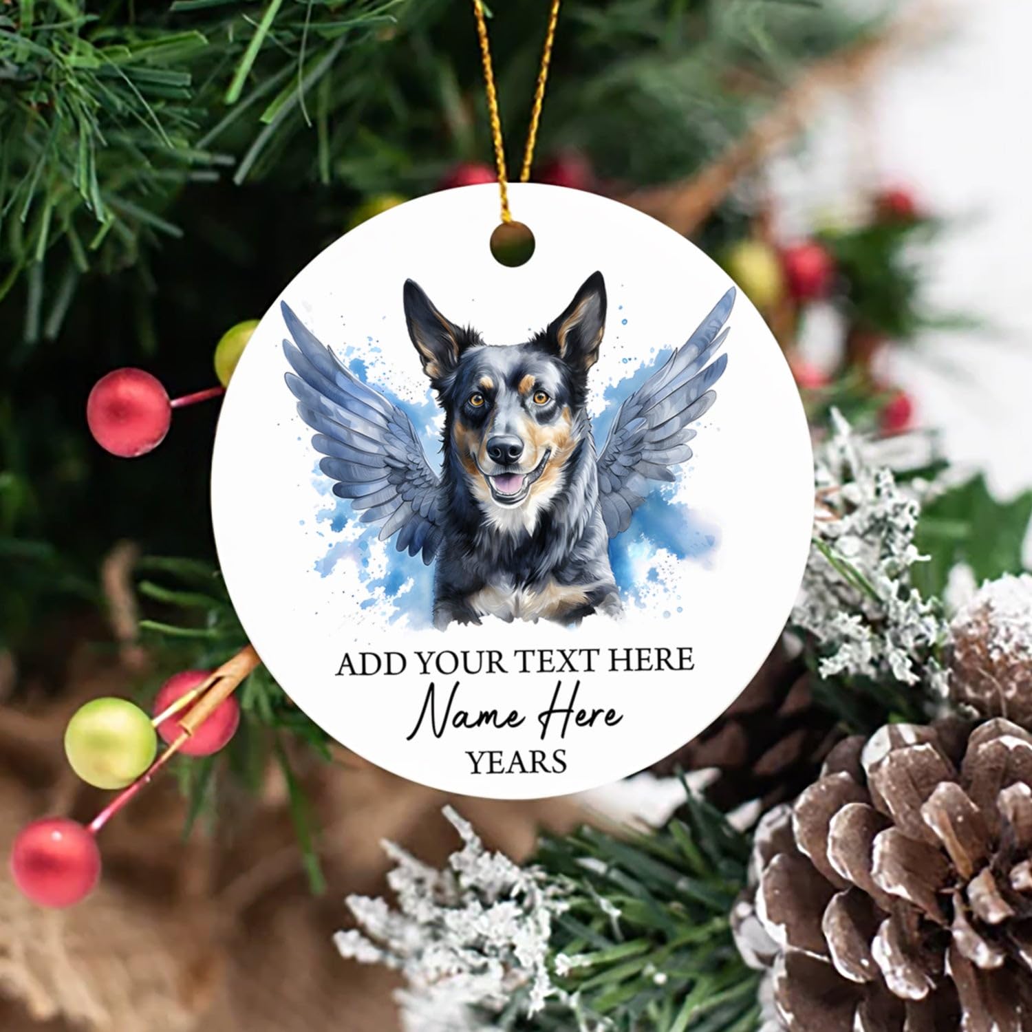 Blue Heeler Dog Memorial Ornament, Blue Heeler With Angel Wings Christmas Ornament, Blue Heeler Dog Loss Gifts For Dog Mom Dog Dad, Custom Text Name & Year Xmas Tree Hanging, Blue Heeler Ornaments