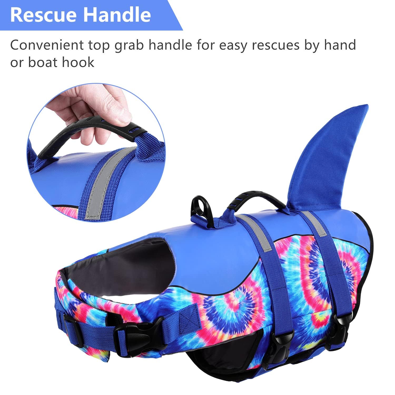 Asenku Dog Life Jacket, High Grade Polyester Oxford Nylon, Quick Drying, Proper Drainage, Shark Design, For Small Dogs, Blue Ban