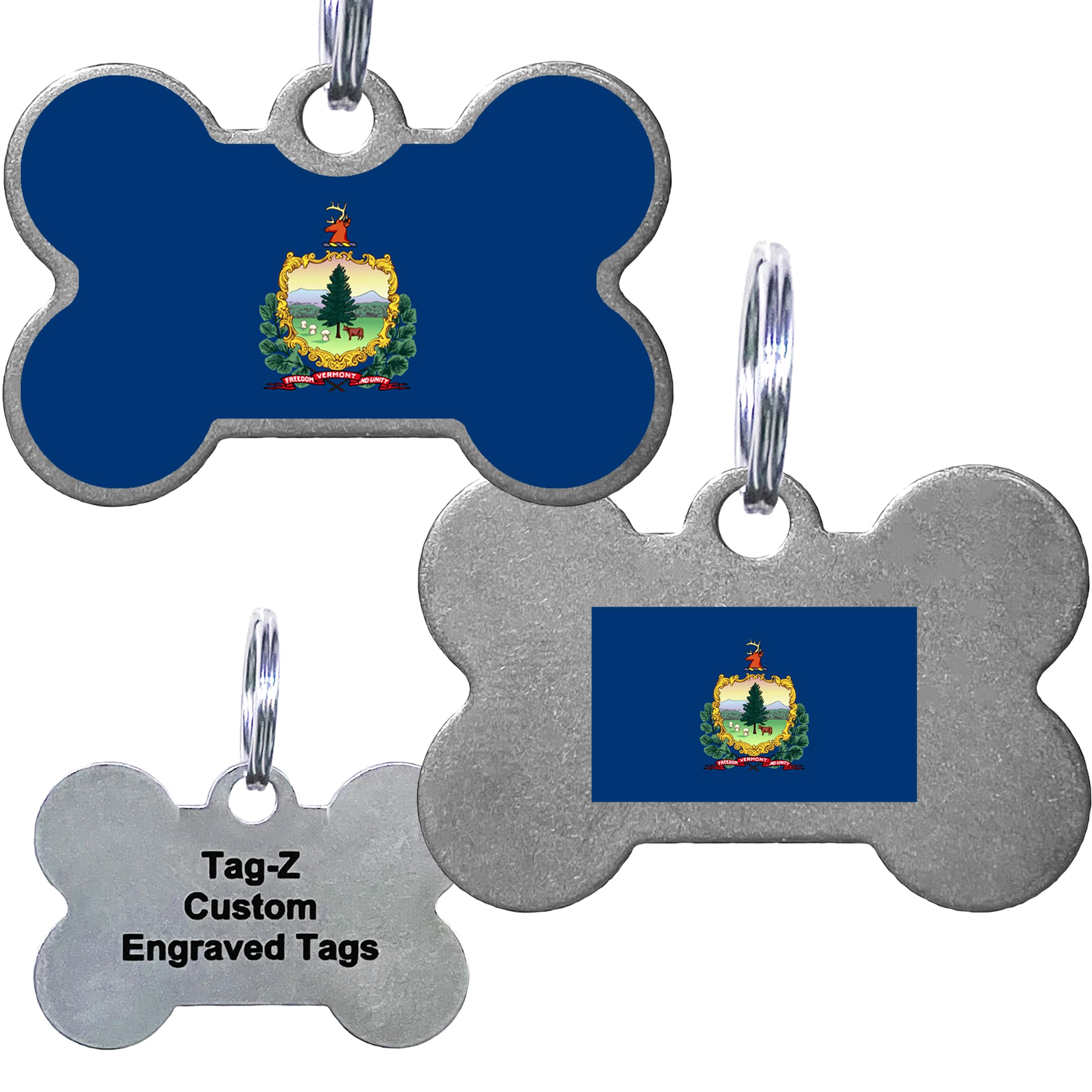 Vermont Flag Pet Id Tags, Custom Printed And Laser Engraved Bone