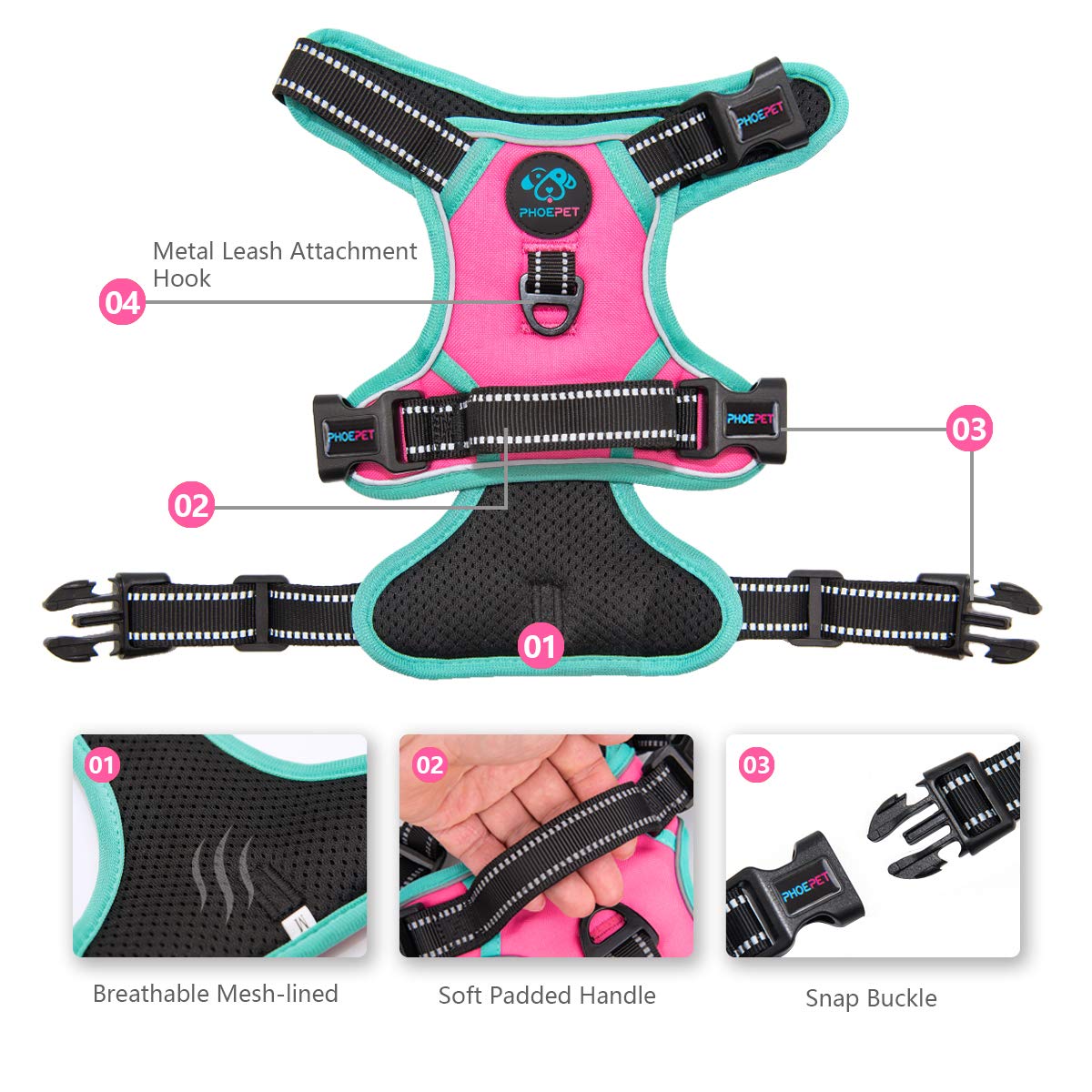 Phoepet 2019 Upgraded No Pull Dog Harness, Reflective Adjustable Vest, With A Training Handle + 2 Metal Leash Hooks+ 3 Snap Buck