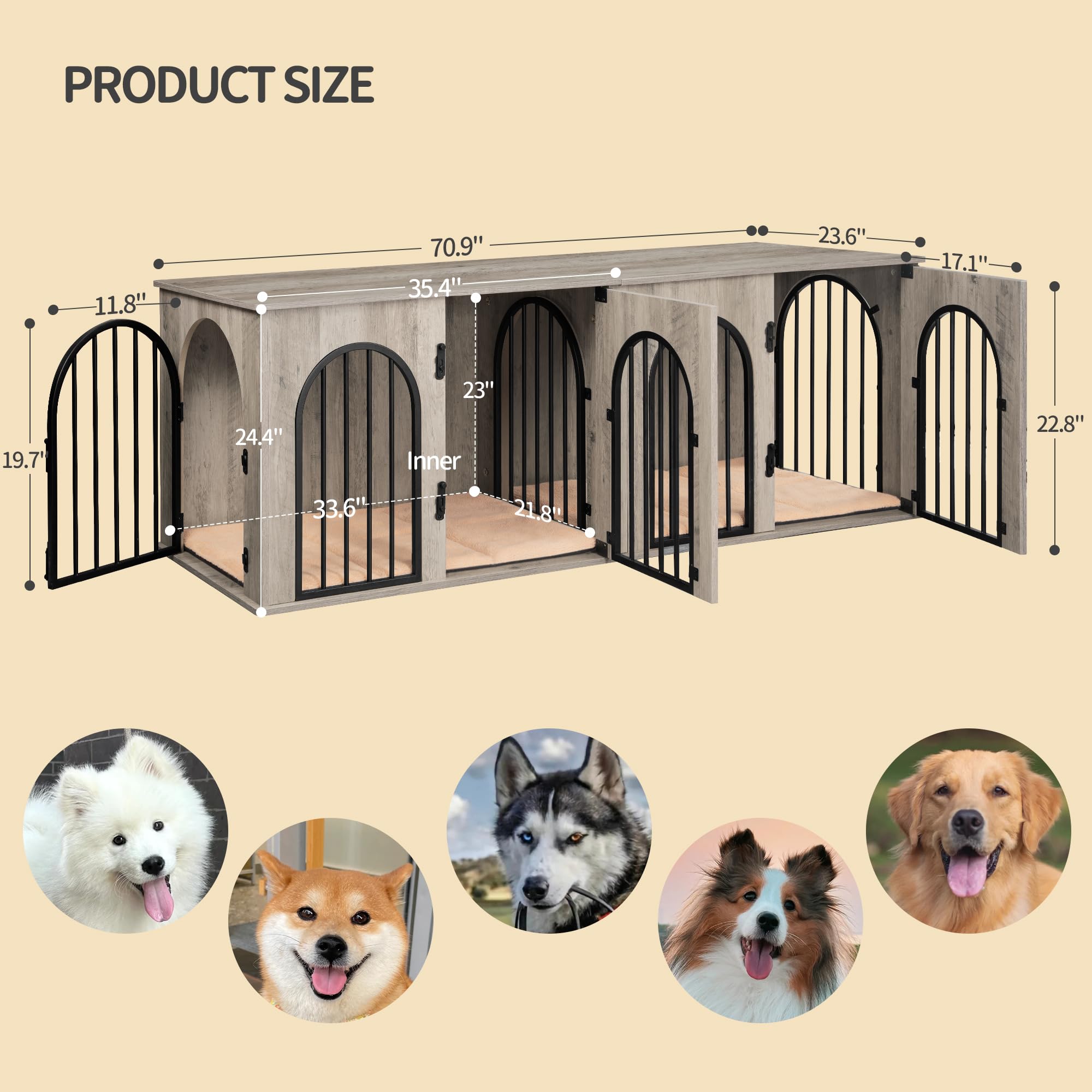 Hzuaneri 70.9 Dog Crate Furniture for 2 Dogs, Heavy Duty Indoor Dog Kennel TV Stand, XXL Wooden Dog Cage with Divider for Medium