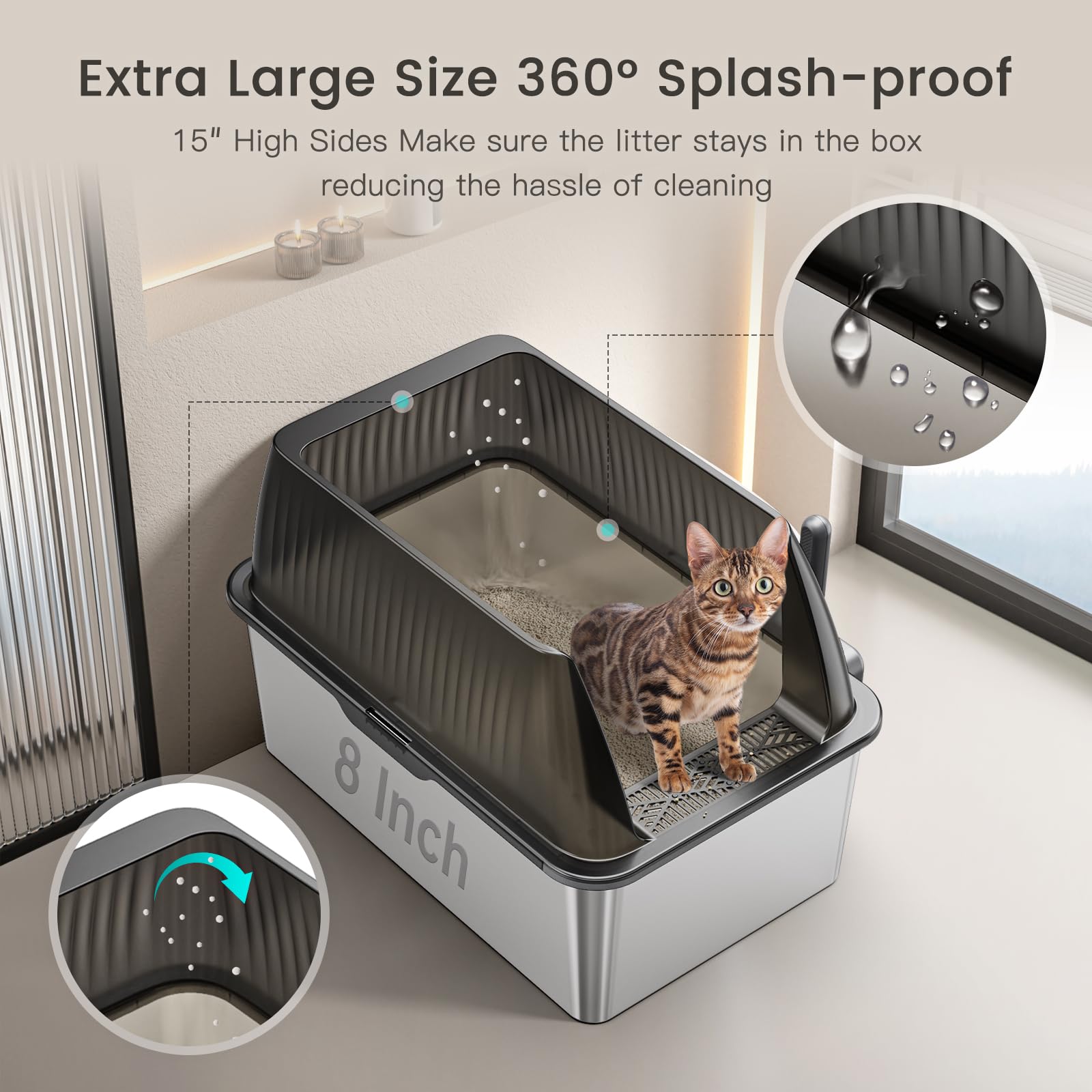 Tripamin XL Stainless Steel Cat Litter Box Enclosure, XX-Large, Translucent Black, Upgraded-ZH2025CA