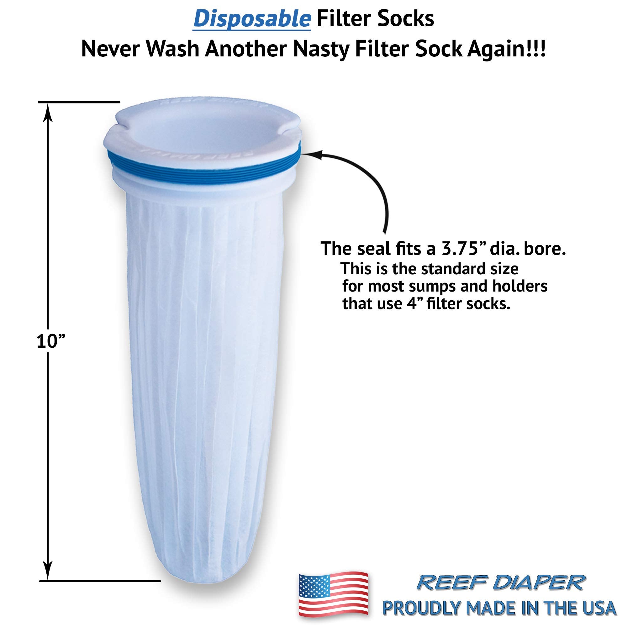 Reef Diaper Disposable Filter Socks, Replaces Standard 4' Felt Socks, Freshwater And Saltwater Compatible, Starter Kit Includes 2Ea Flange Assemblies & 10Ea Filter Elements