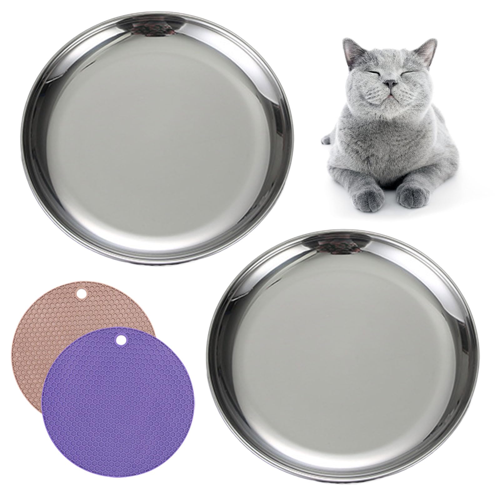 RMNHPTK Stainless Steel Cat Bowls - Relief Whisker Fatigue Cat Food Plates with Non-Slip Mats (2 PCS, Large)