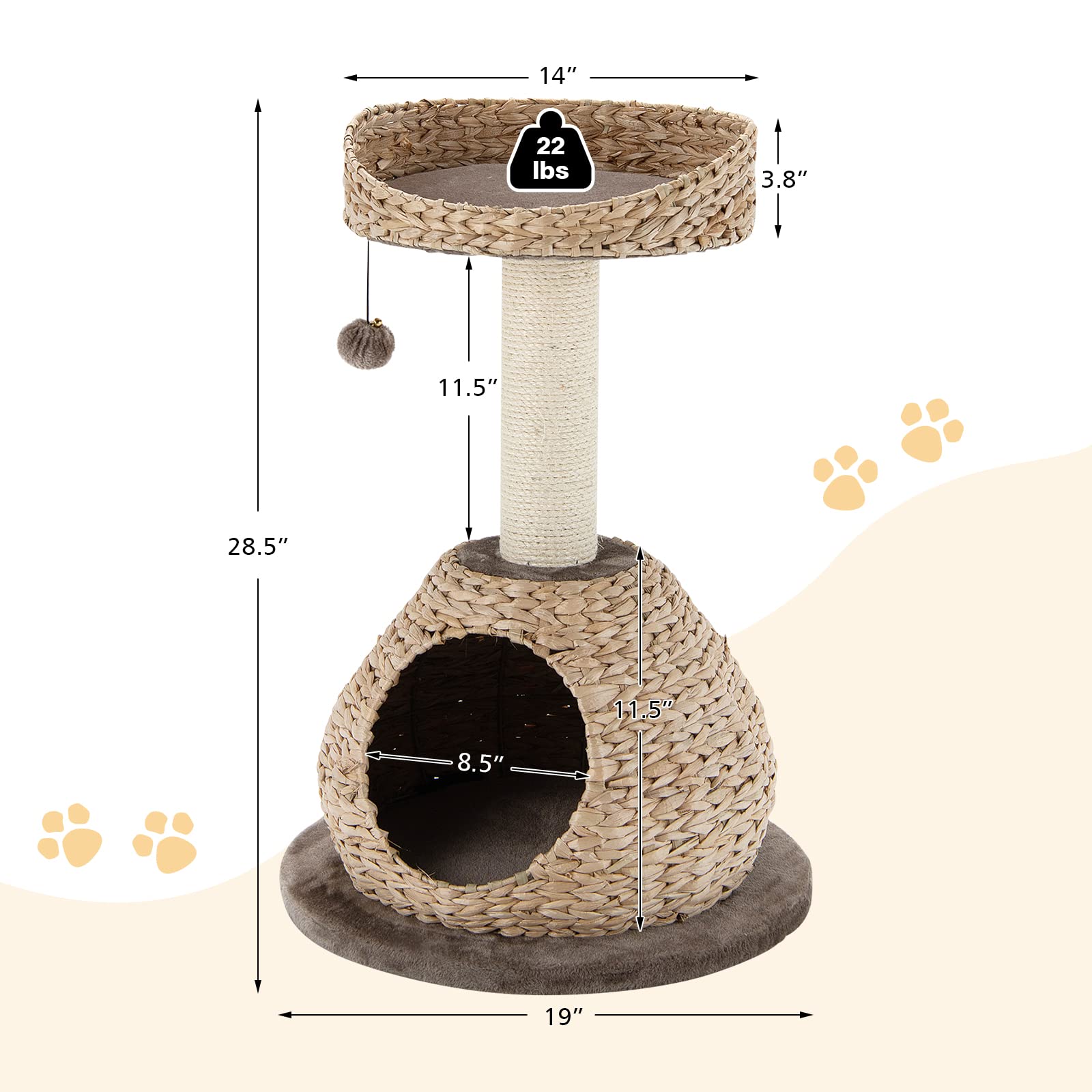 Tangkula Modern Cat Tree For Indoor Cats, Small/Tall Cat Tree With Natural Sisal Scratching Post, Hand-Made Wicker Cat Condo & Top Perch, Funny Hanging Toy Ball, Cute Cat Tree Tower For Large Cats