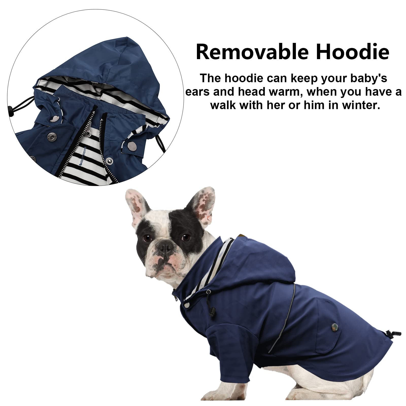 Morezi Dog Zip Up Dog Raincoat With Reflective Buttons, Rain/Water Resistant, Adjustable Drawstring, Removable Hood, Stylish Premium Dog Raincoats - Size Xs To Xxl Available - Dark Blue - Xs
