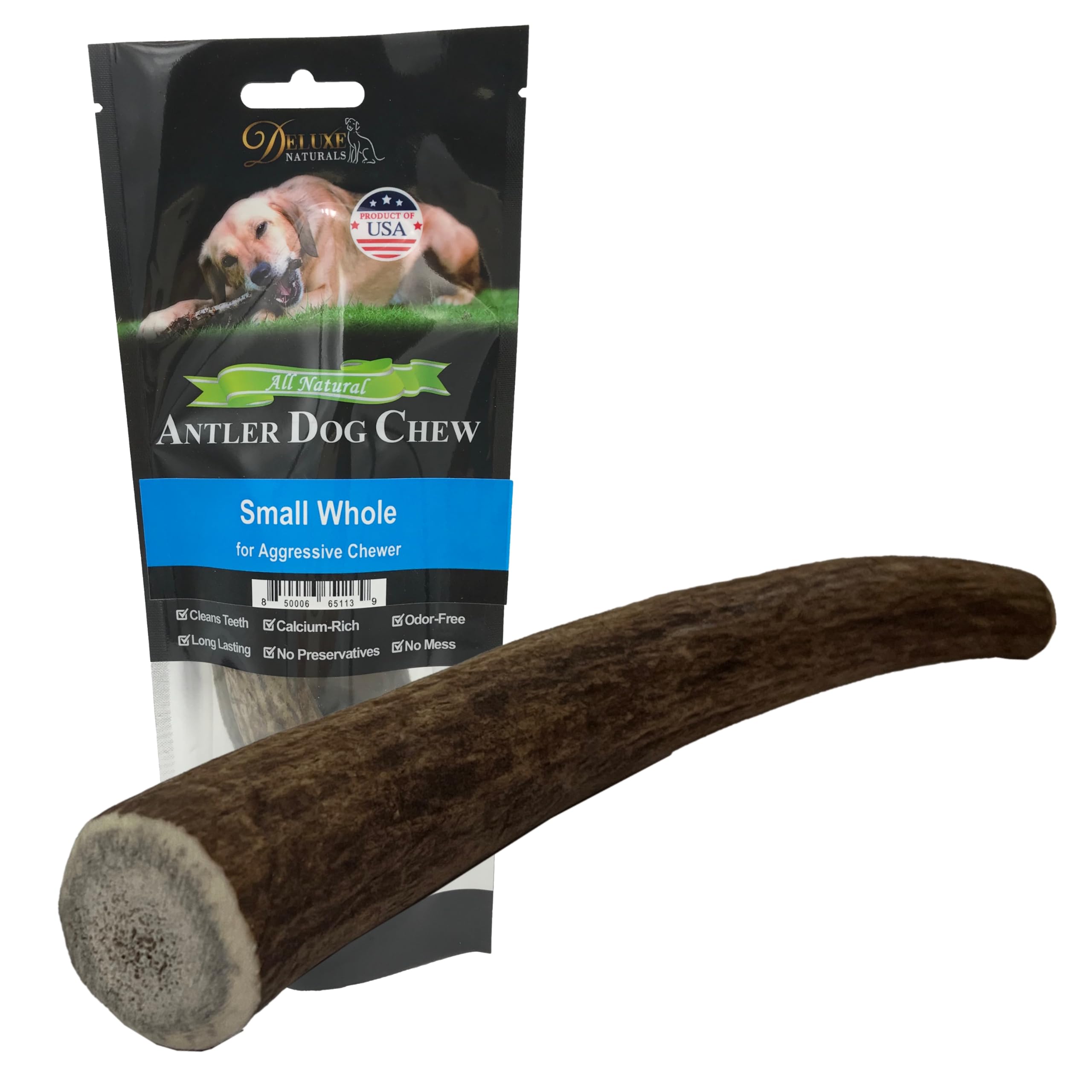 Deluxe Naturals 1-Pack Small Whole Elk Antler Dog Chews (5 to 7+ in) - Long Lasting Natural Dog Bones for Small Dogs Under 20 lb