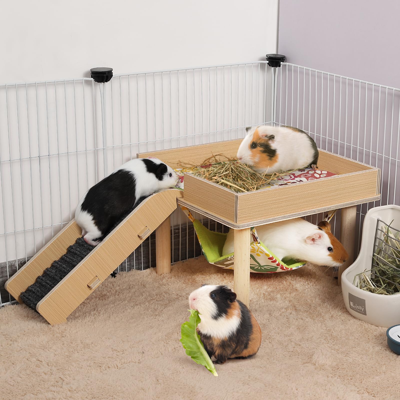 MEWTOGO Guinea Pigs Hammock with Platform, Wooden Hideout Bed for Small Pets, Single Hammock Size