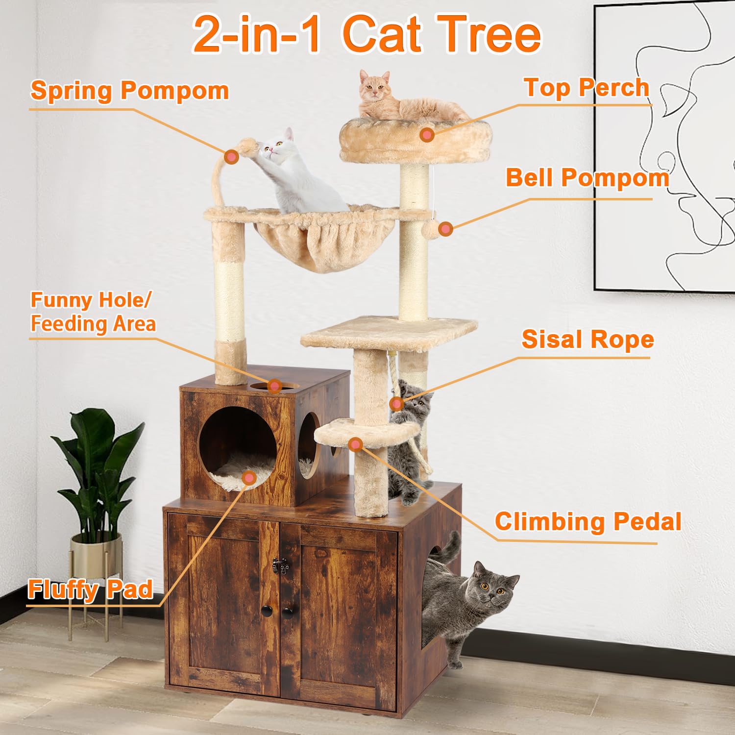 Timberer Cat Tree with Litter Box Enclosure, 54"H Wood Condo, Rustic Brown, Model 1724RB, 2-in-1 Indoor Cat Tower with Scratching Posts