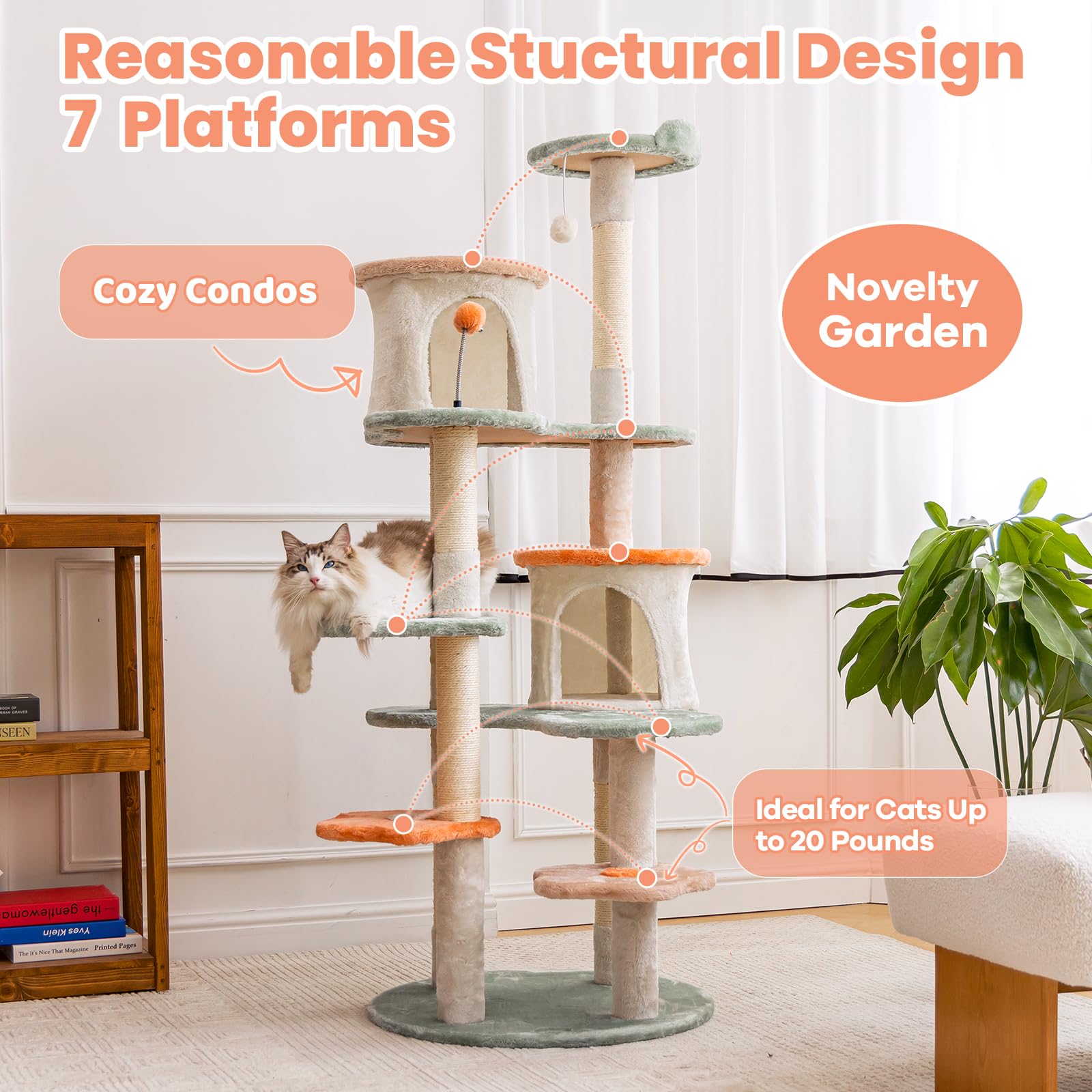 HYABI Cat Tree - 63 Inch Creative Flower Climbing Frame, Large 7 Platforms, Engineered Wood, Brown, Model HB-011
