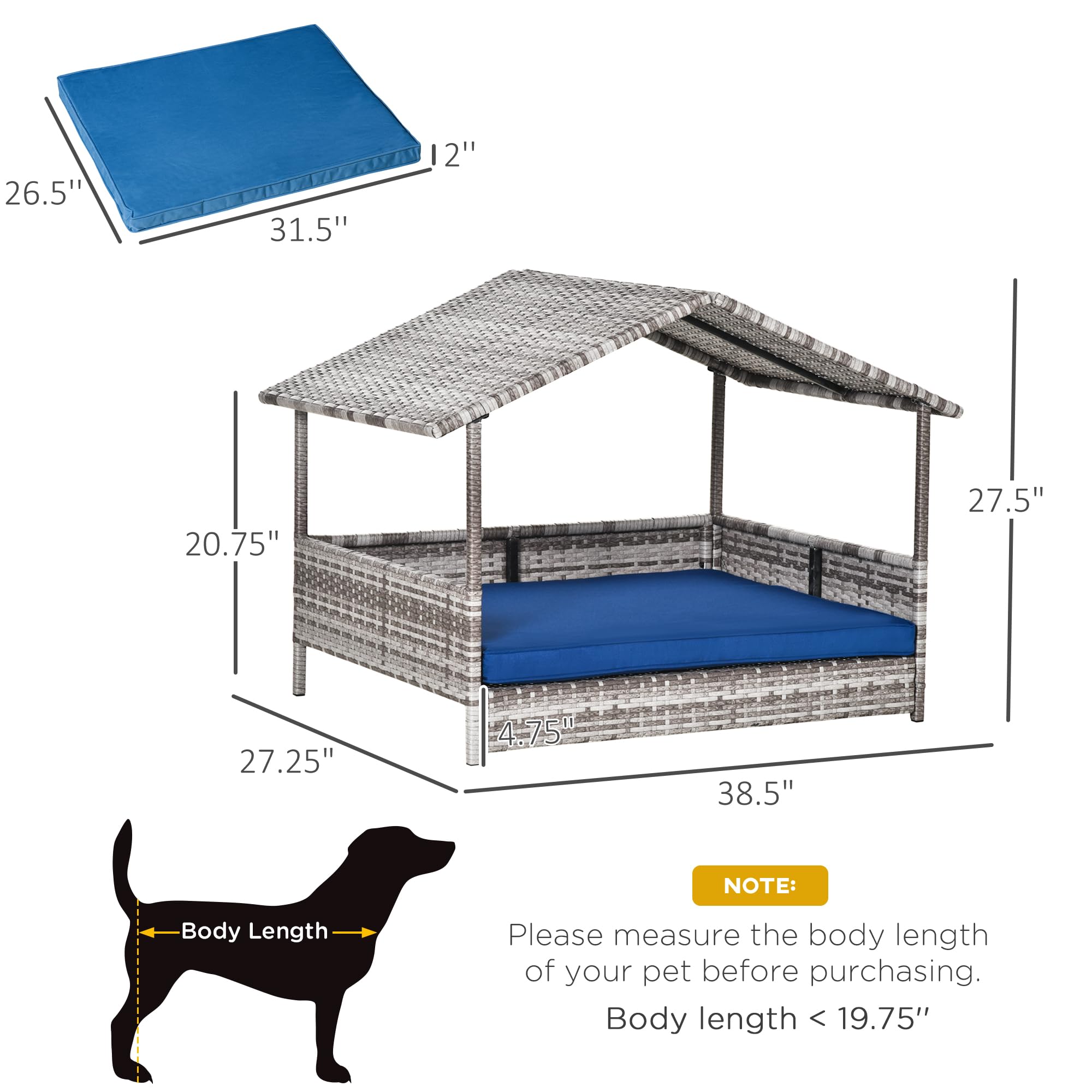 PawHut Wicker Dog House Elevated Raised Rattan Bed for Indoor/Outdoor with Removable Cushion Lounge, Dark Blue