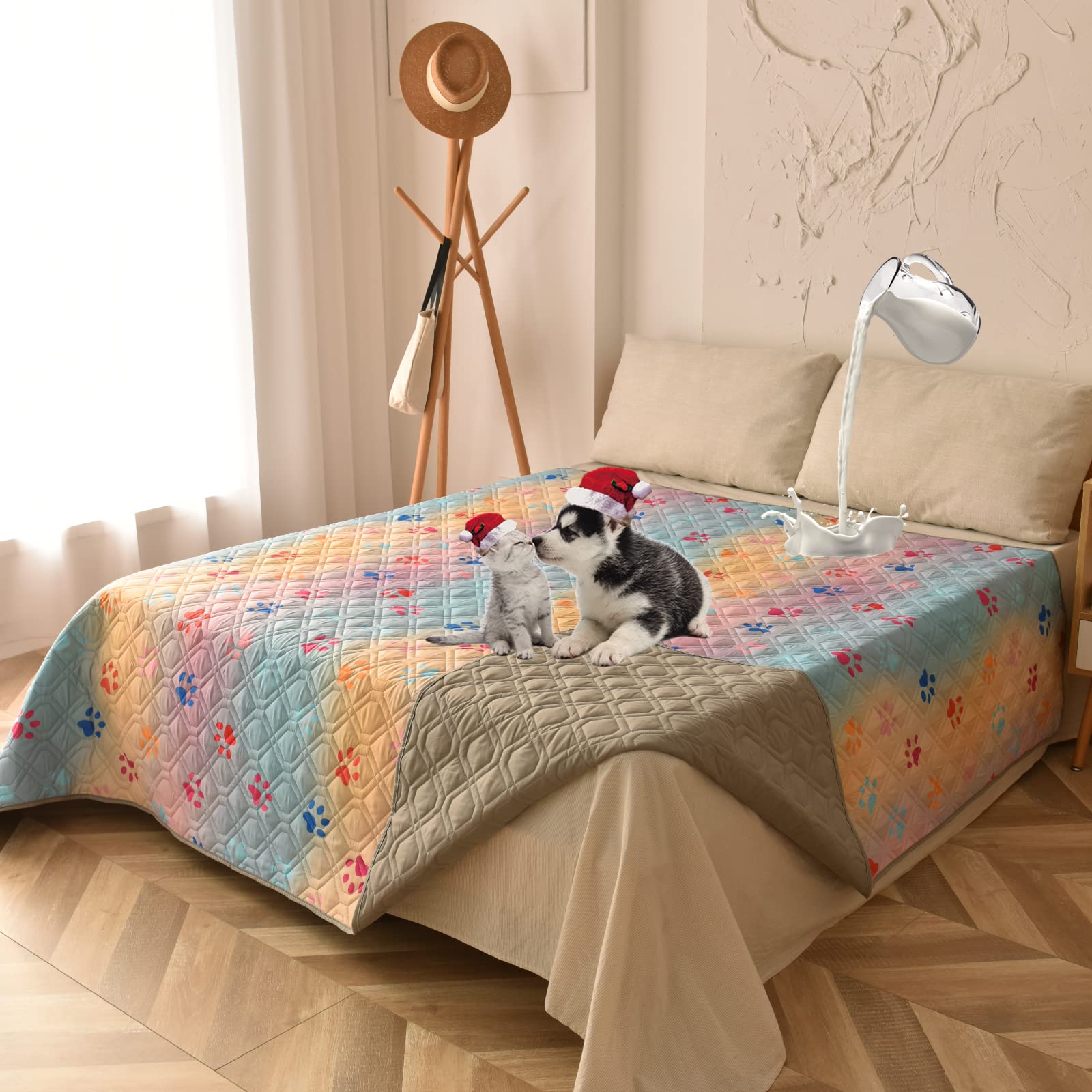 Topthumbs 100% Waterproof Dog Bed Cover 86X82 Inch Reversible Changing Pad Reusable Camping Mat For Kids/Pet/Dog/Cat Washable Geometric Embroidery Blanket Patchwork Rainbow Dog Paw Printed+Gray