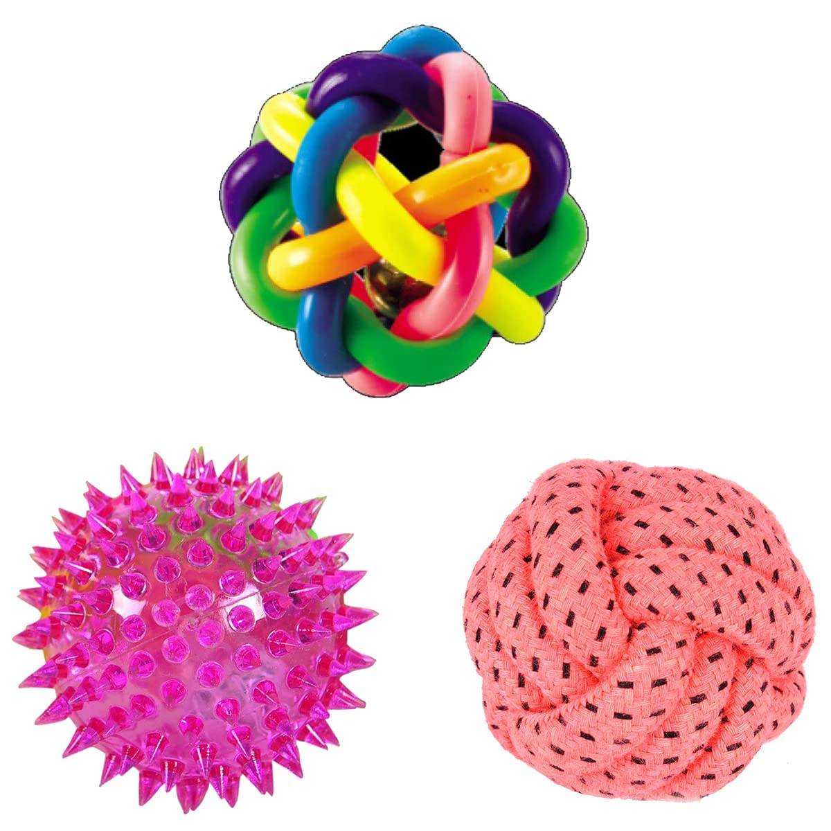 Psk Pet Mart Puppy Toys Dog Toy For Small Dogs Ball Toy + Rainbow Ball | Rope Cotton Ball + Led Light Ball Toys, Pack Of 3 Combo