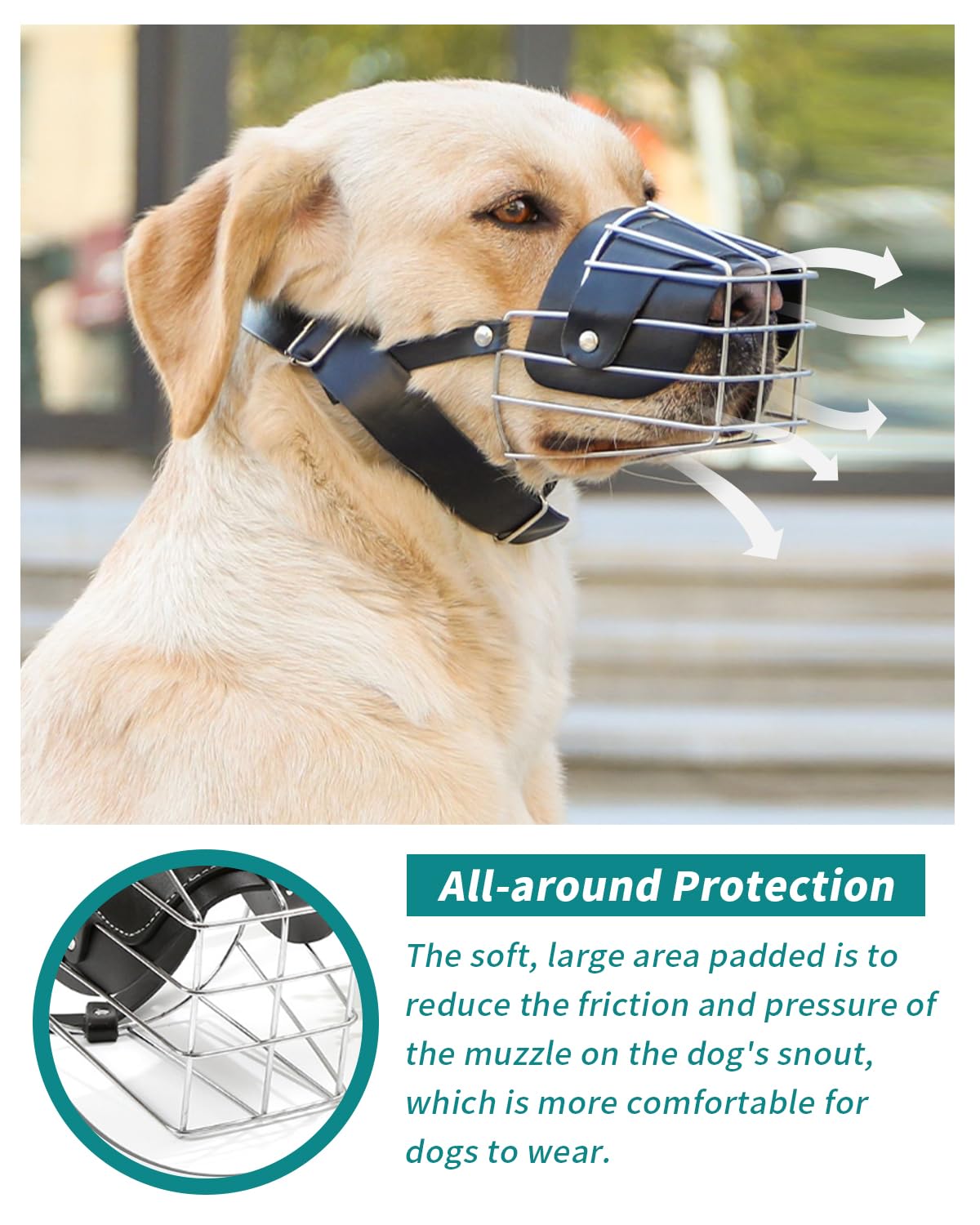 Bntiomtet Dog Muzzle for Large Dogs - Adjustable Leather Straps, Soft Pads, Black, Model: Dog Muzzles, Size: L