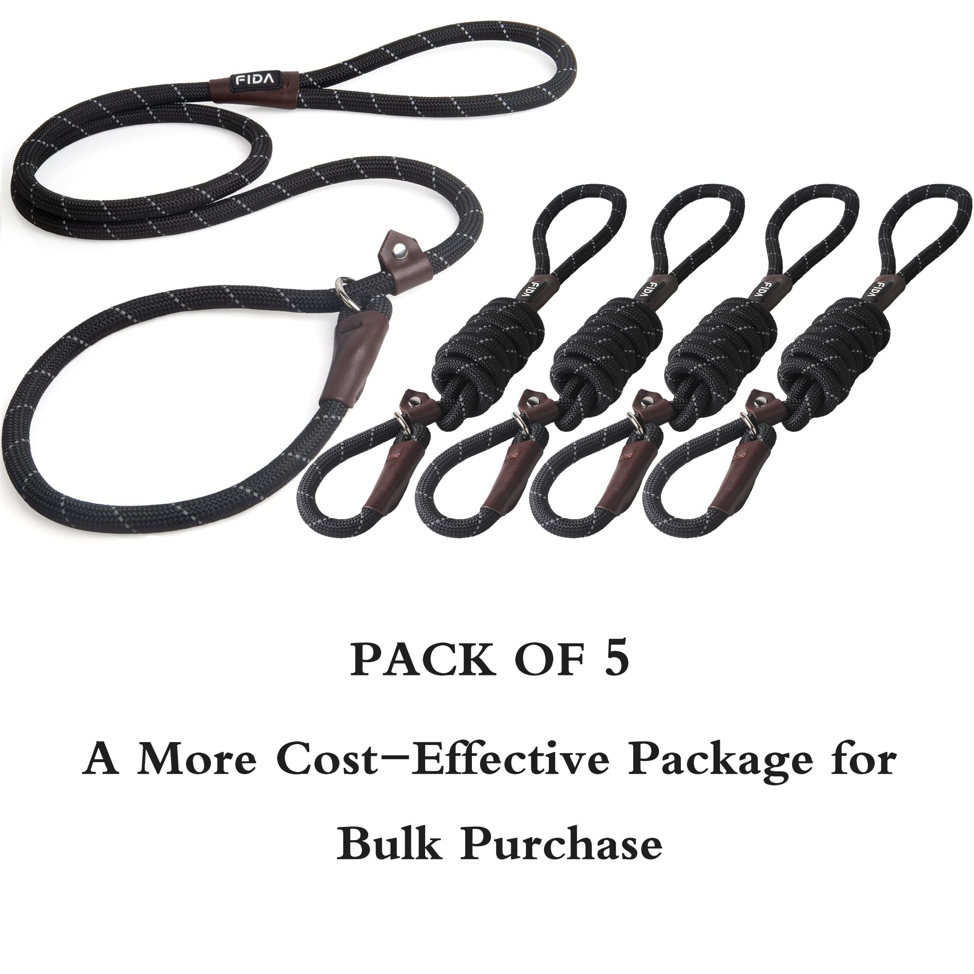 Fida Durable Slip Lead Dog Leash Bulk Pack Of 5, Heavy Duty 1/2' X 6 Ft Comfortable Strong Rope Slip Leash For Large, Medium & Small Dogs No Pulling Pet Training Leash With Highly Reflective (Black)