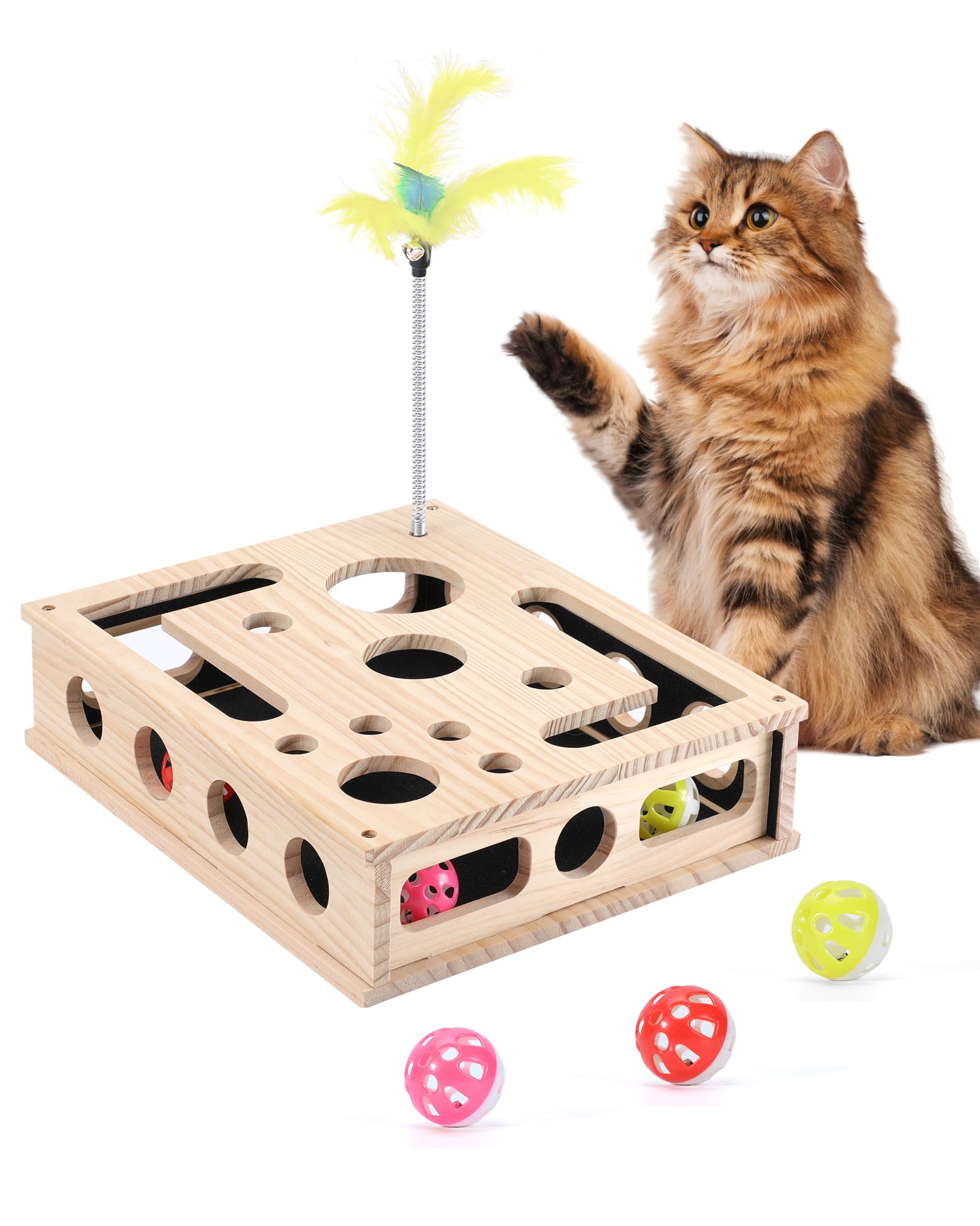 Cat Toys for Indoor Cats - Interactive Box Puzzle Toy Nail File Scratcher Hunting Play Toy with 3 Jingle Balls & 1 Feather Wand,