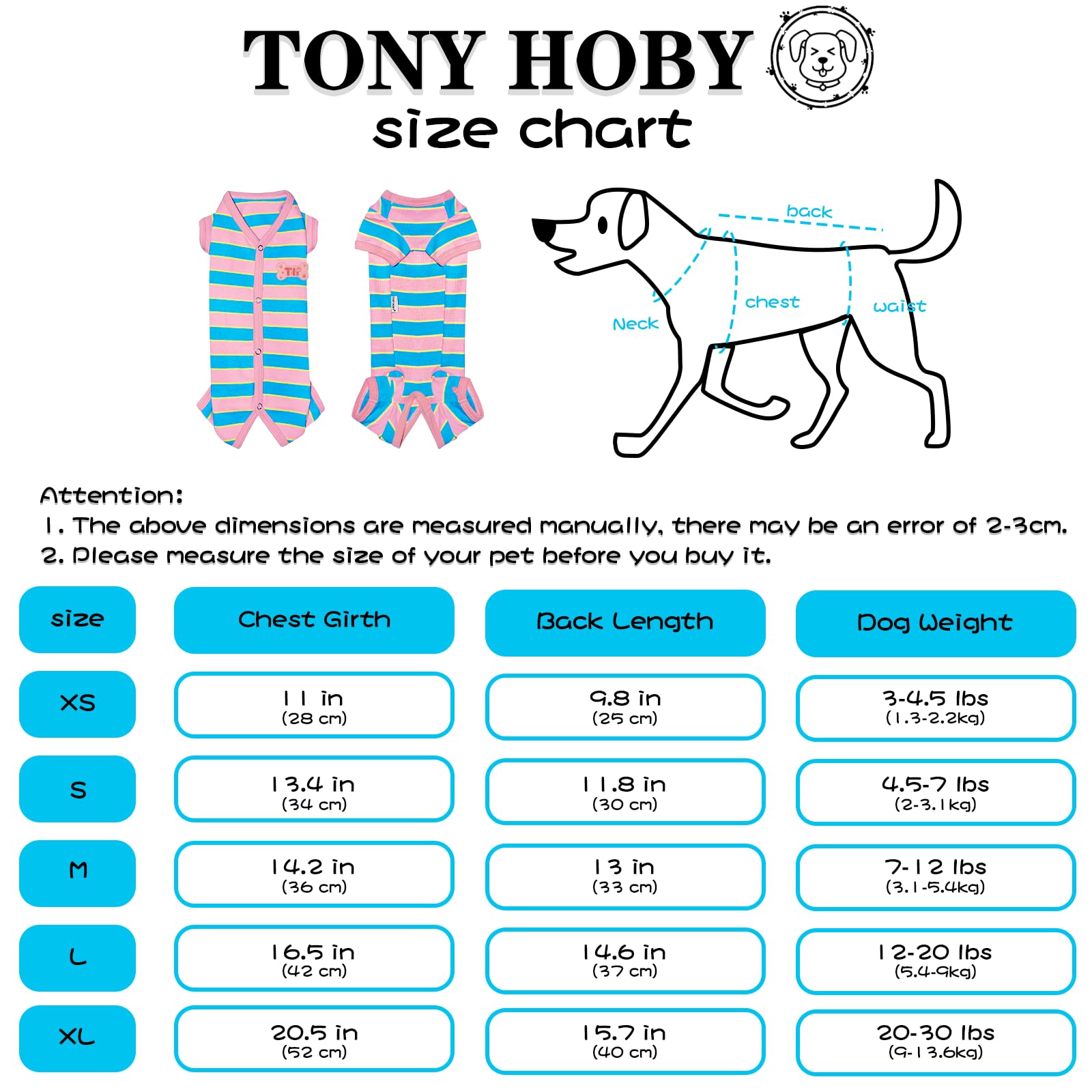 Tony Hoby Female Dog Pajamas With Colorful Stripe, Pet Clothes For Small Medium Dogs (Pink&Blue, Girl, L)