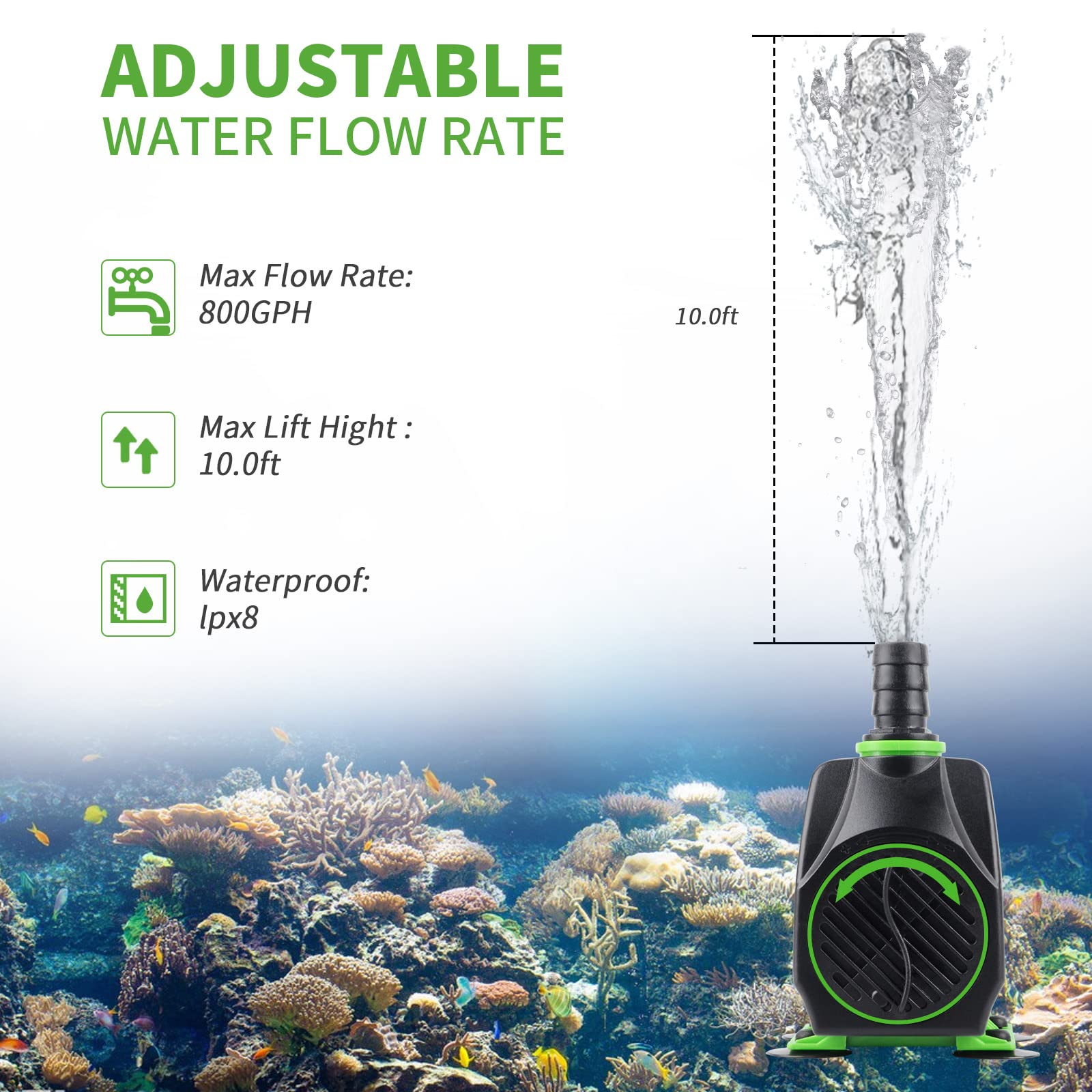 FREESEA Fountain Submersible Water Pump: 800GPH 45W Adjustable Small Pond Pump with 5ft Tubing Hose and 3 Nozzles 10ft High Lift