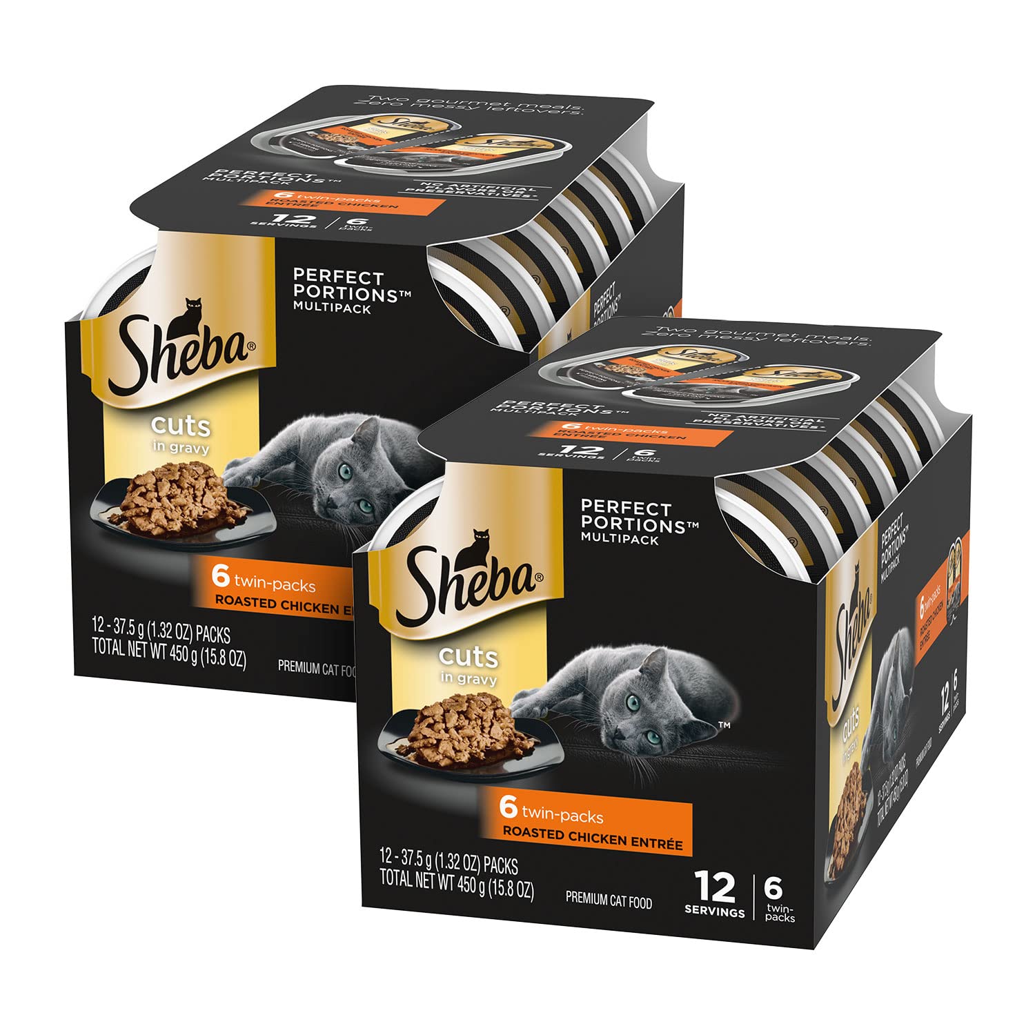 SHEBA PERFECT PORTIONS Cuts in Gravy Wet Cat Food Trays (12 Count, 24 Servings), Roasted Chicken Entr  e, Easy Peel Twin-Pack Tr