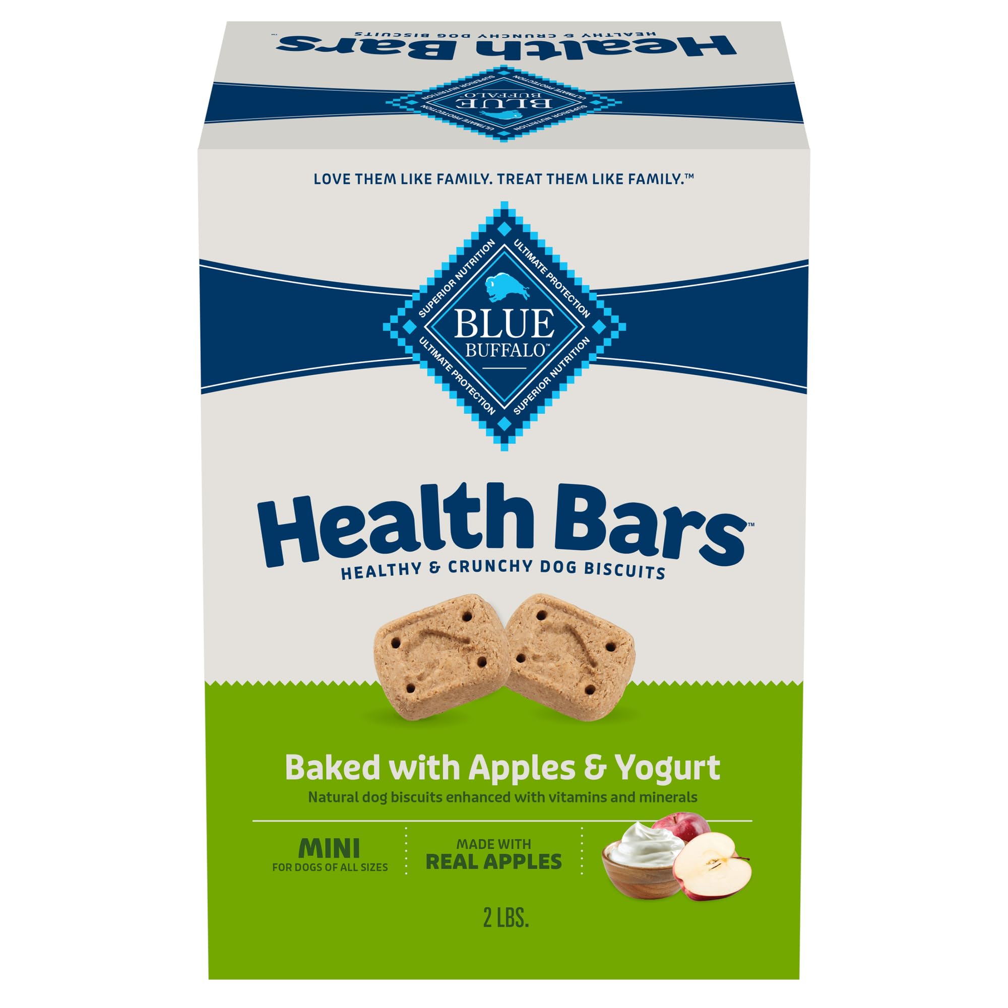 Blue Buffalo Mini Health Bars Crunchy Dog Biscuits, Oven-Baked With Natural Ingredients, Apples & Yogurt, 2-lb. Box