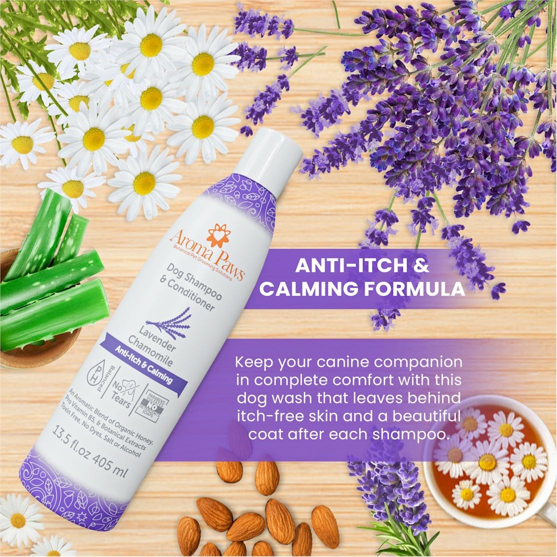 Aroma Paws Dog Shampoo And Conditioner - Aromatic Tearless Shampoo For Cleansing, Grooming, And Conditioning - Moisturizing Shampoo For Dogs And Puppies - Lavender Chamomile 13.5 Oz