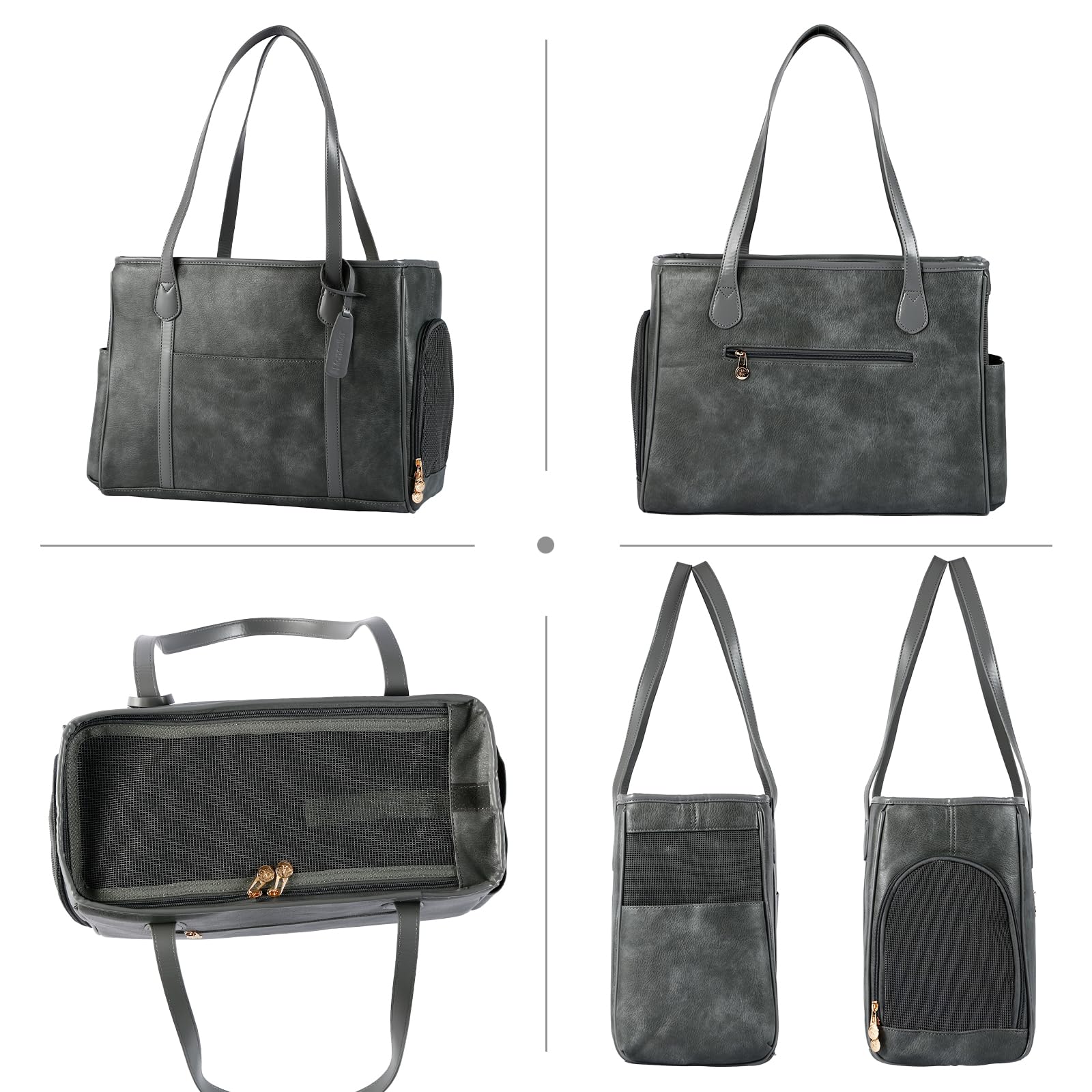 Monanller Stylish Dog Purse Carrier, Leather Pet Carrier Bag For Small Dogs Cats Puppy, Airline Approved Soft-Sided Carrier Grey