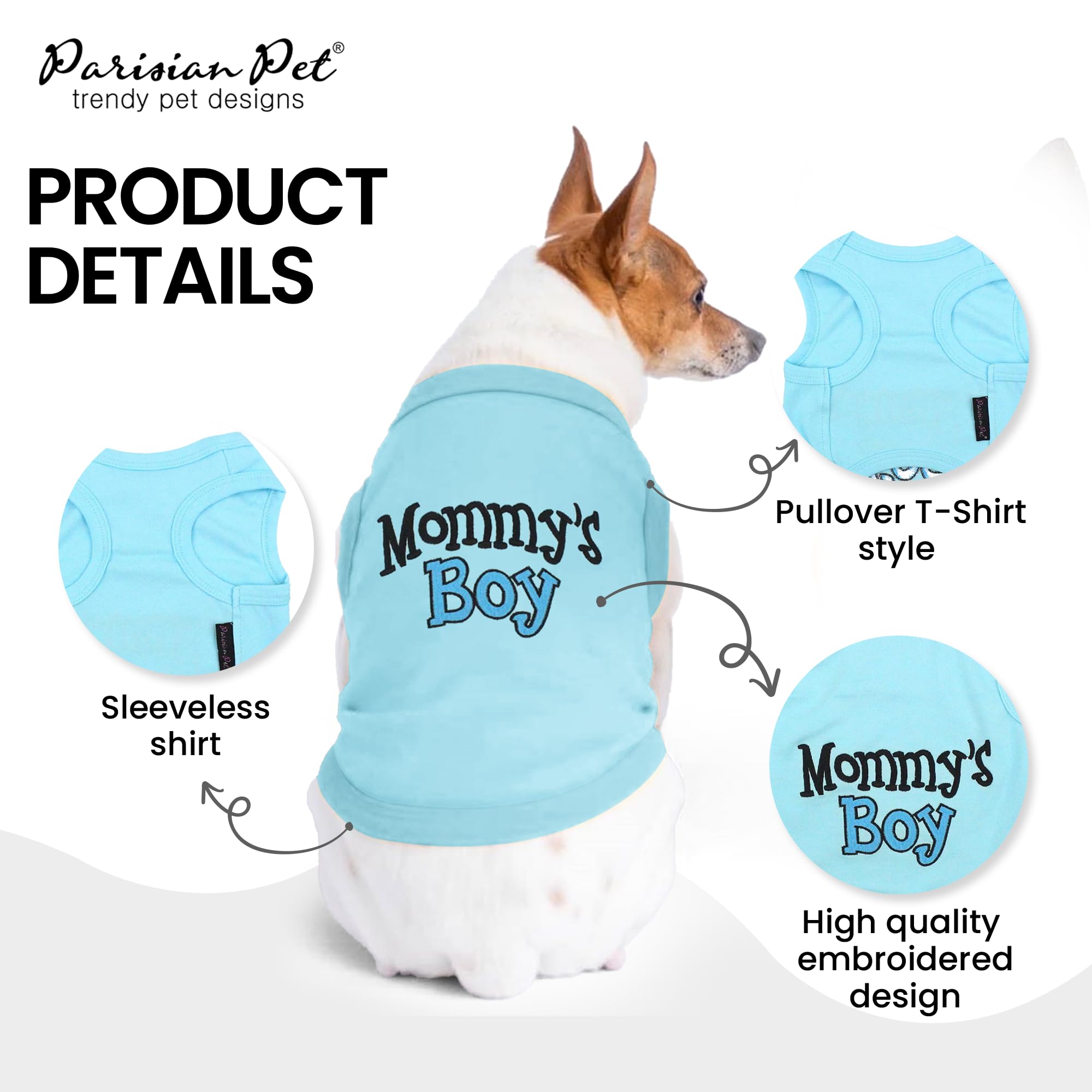 Parisian Pet Dog T-Shirt With Embroidered 'Mommy’S Boy' Words - 100% Cotton Boy Dog Clothes - Breathable Mamas Boy Dog Shirt - Machine Washable Dog Shirt For Large Dogs, Xl
