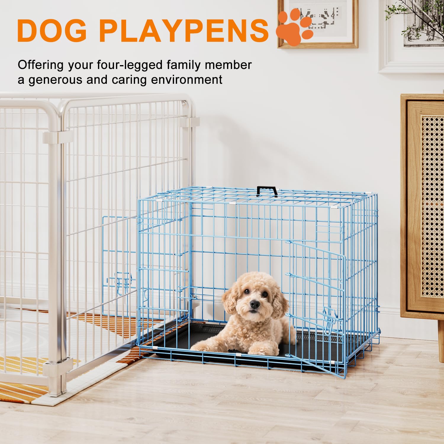 FDW 24inch Dog Crate Pet Cage with Metal Folding Design Plastic Tray Indoor Outdoor Dog Kennel Cage for Small Dogs,Blue