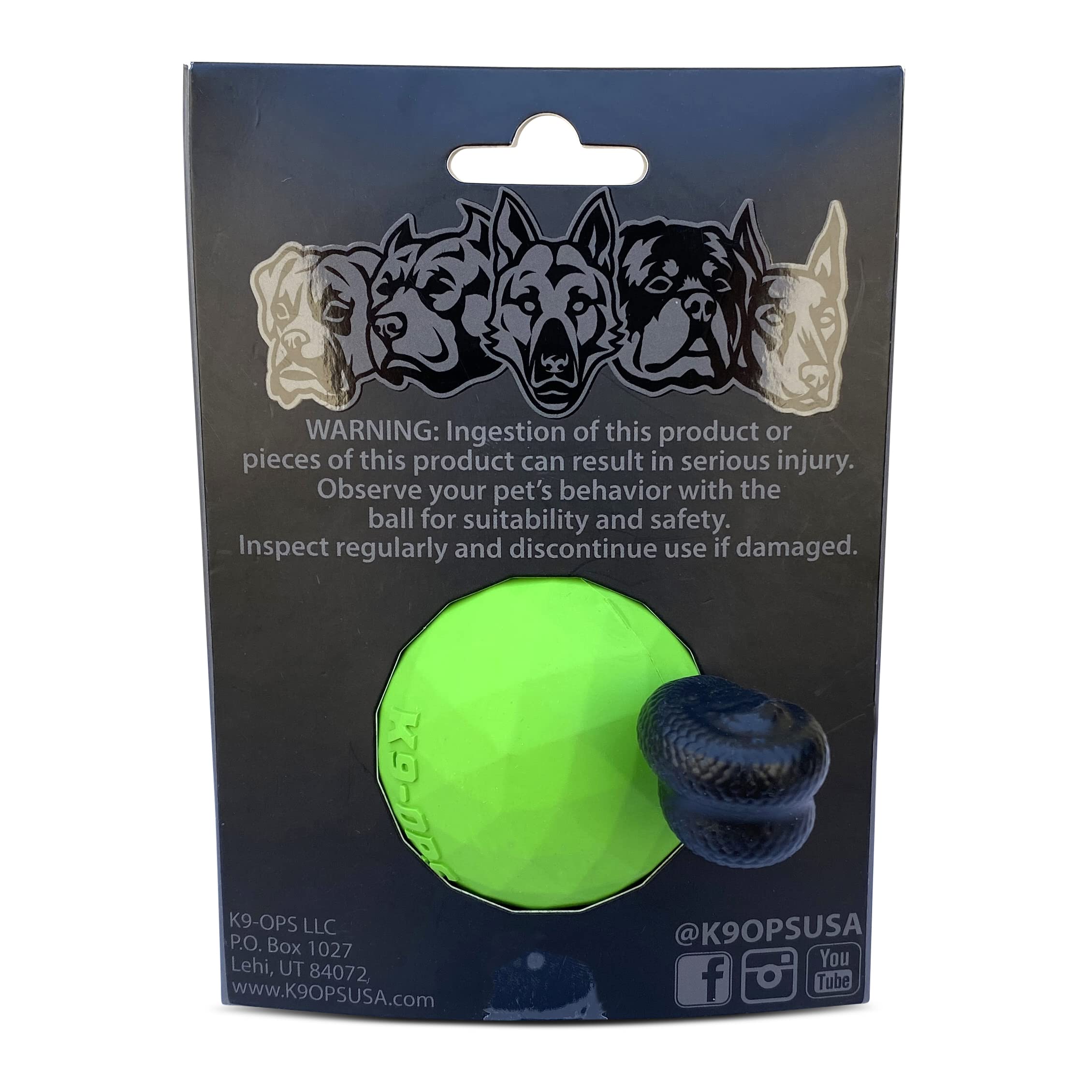 K9 Ops Dog Ball on Rope - Solid Rubber Tug Toy for Large Dogs, Indestructible, Envy Green with Black Rope