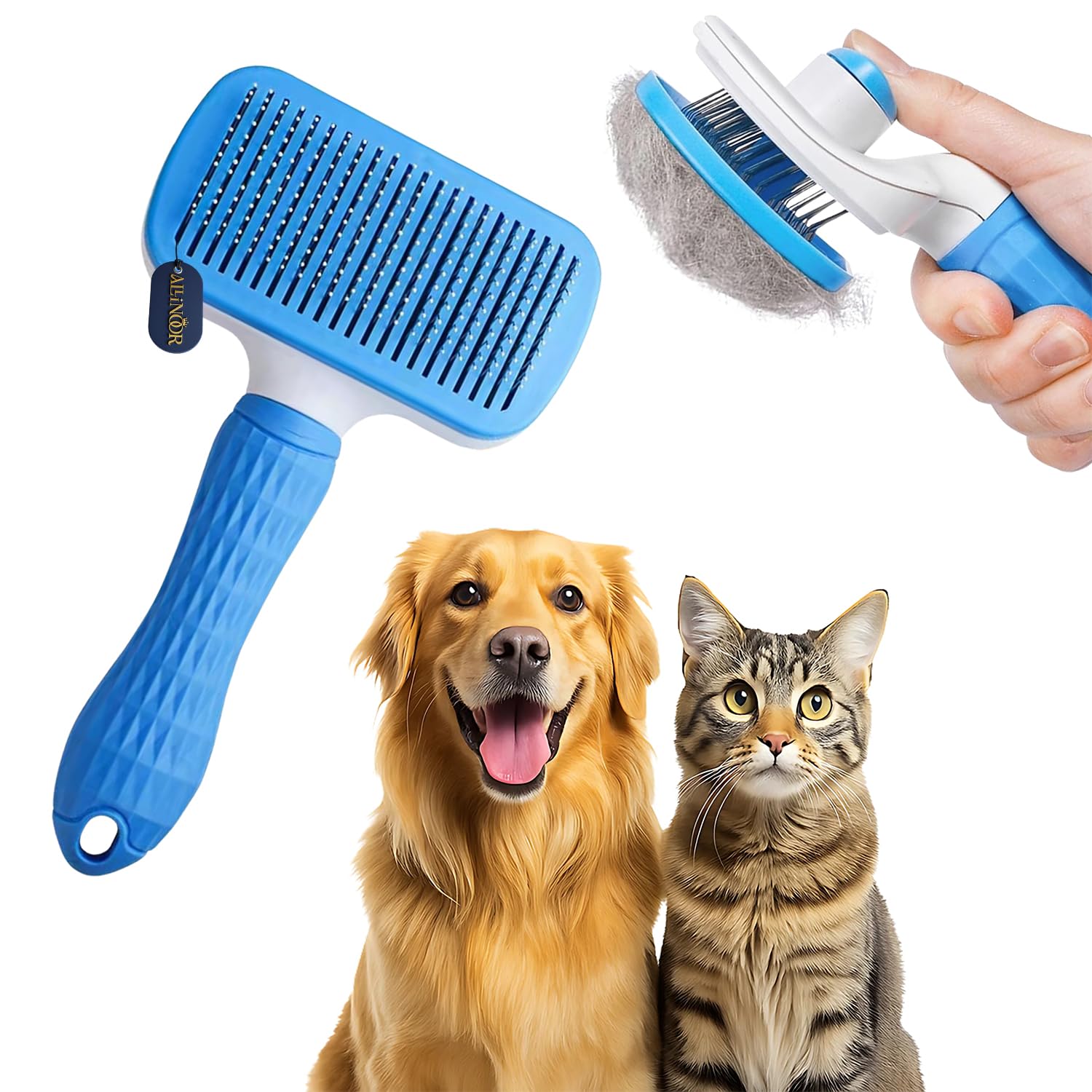 Allinoor Self Cleaning Pet Grooming Brush With Rear Button | Rectangle Shape Deshedding Comb For Dogs & Cats | Heavy Duty AntiS