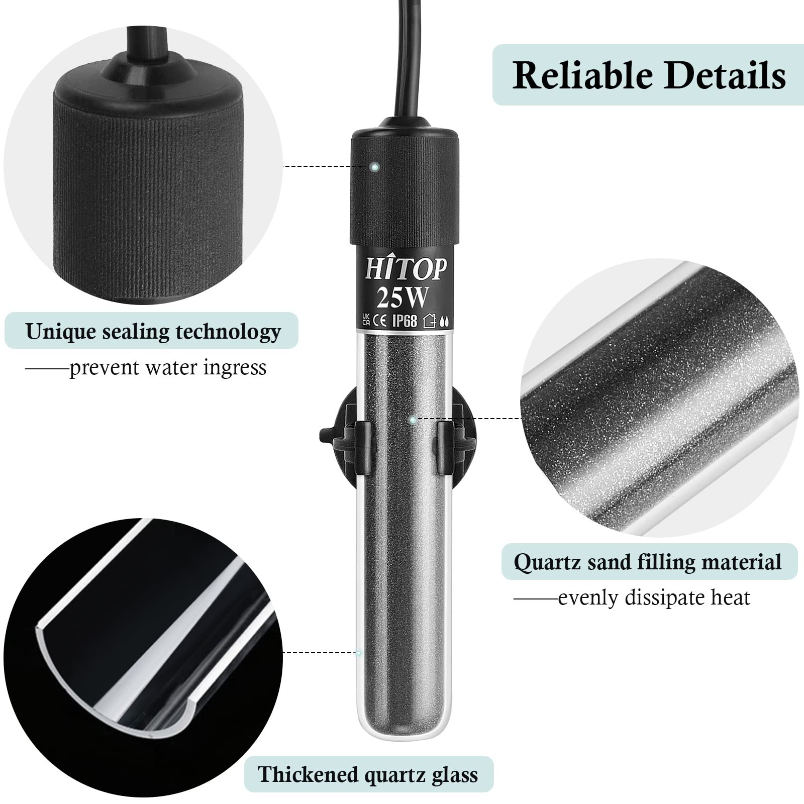 Hitop Mini Submersible Aquarium Heater - 25W 50W 100W 200W 300W Small Heater For Fish Tank 1-70 Gallon With Controller (25W)