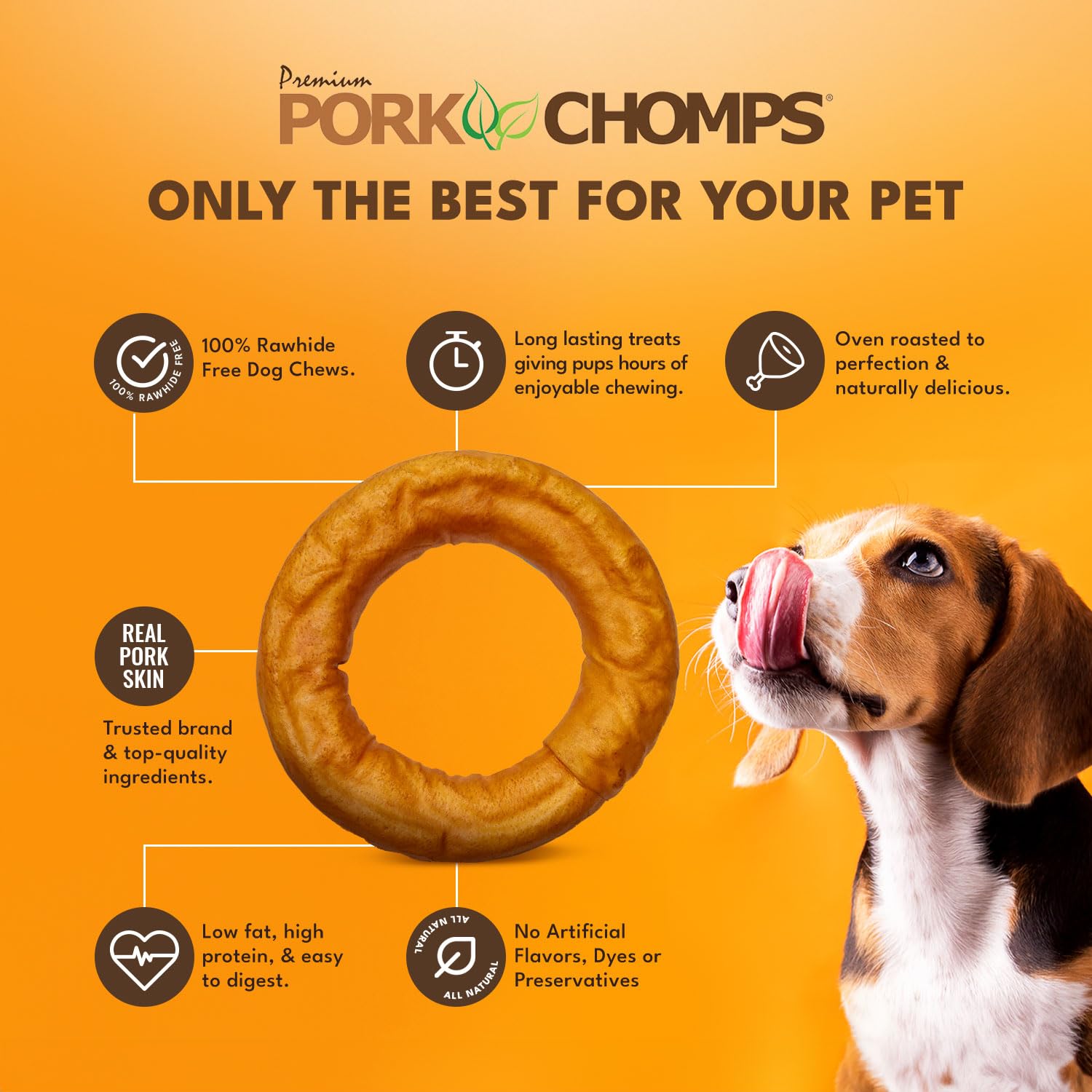 Pork Chomps Roasted Pork Skin Dog Chew - 6-inch Bagel, 4.34 oz, Brown