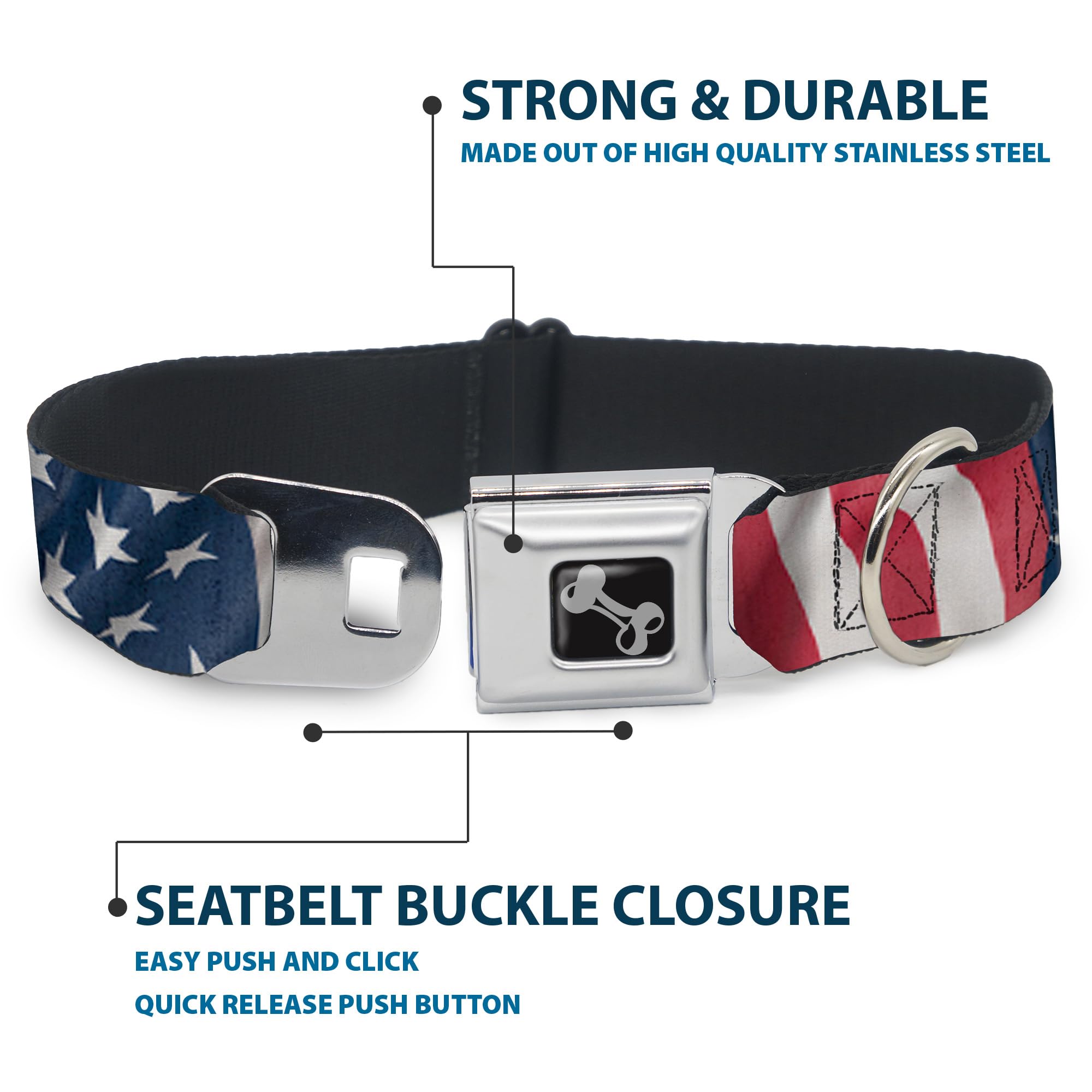 Dog Collar Seatbelt Buckle American Flag Vertical Close Up 16 To 23 Inches 1.5 Inch Wide