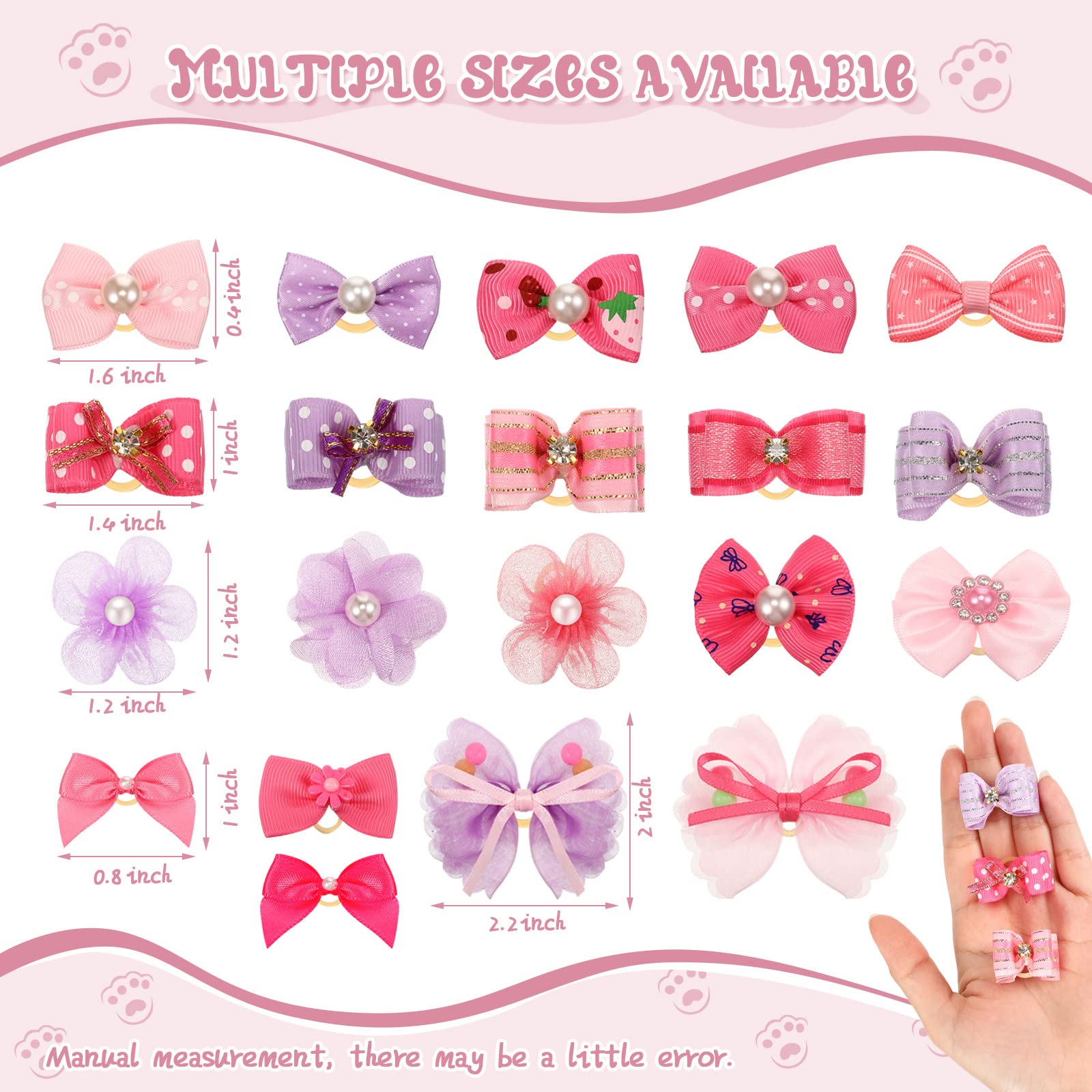Hanaive 20 Pcs Dog Bows Small Size Dog Hair Bows for Puppy Hair with Rubber Bands Handmade Puppy with Pearls