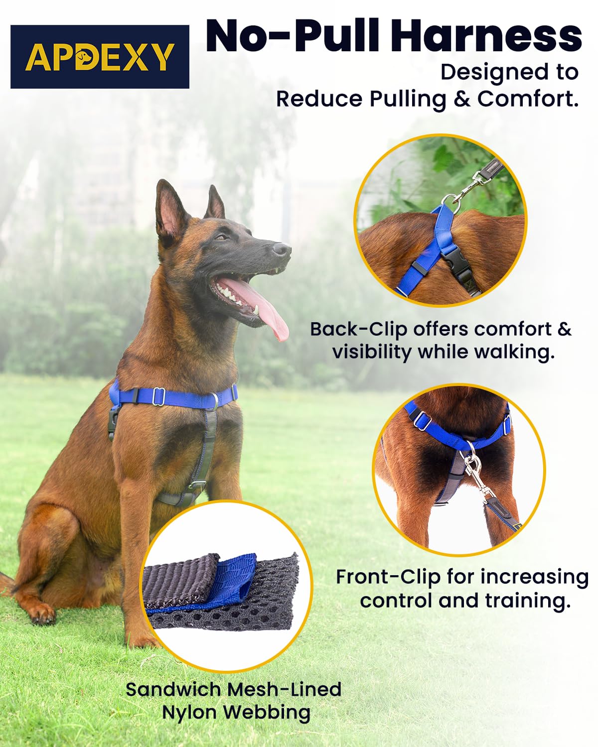 APDEXY Freedom No Pull Dog Harness for Large Dogs, Front Clip, Easy Walker, Anti Pull with Two Stainless D-Rings, Comfortable, S