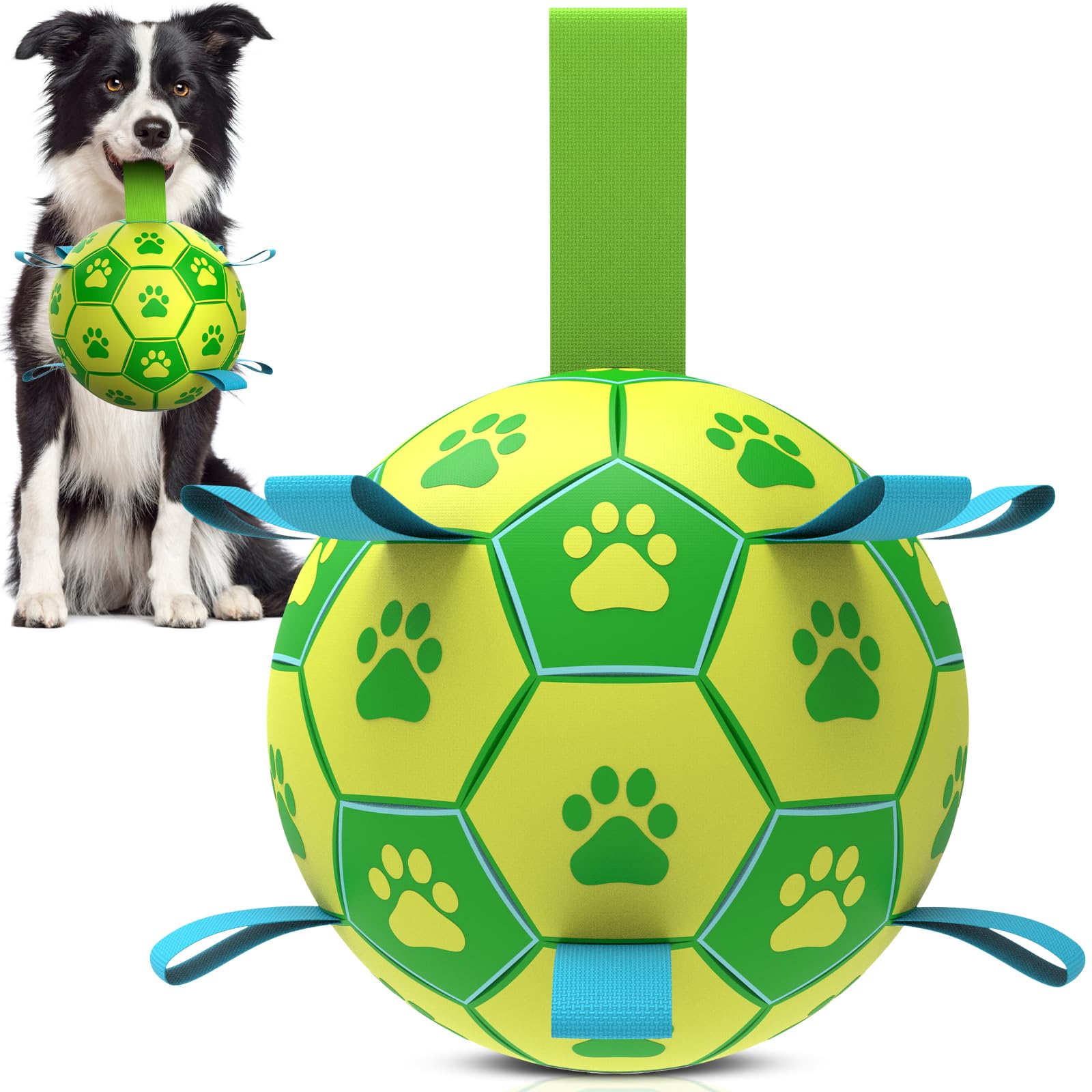 Qdan Dog Toys Soccer Ball - Durable Dog Balls With Strap For Medium Small Dogs, Puppy Birthday Gifts, Dog Tug Toy For Tug Of War (8 Inch)