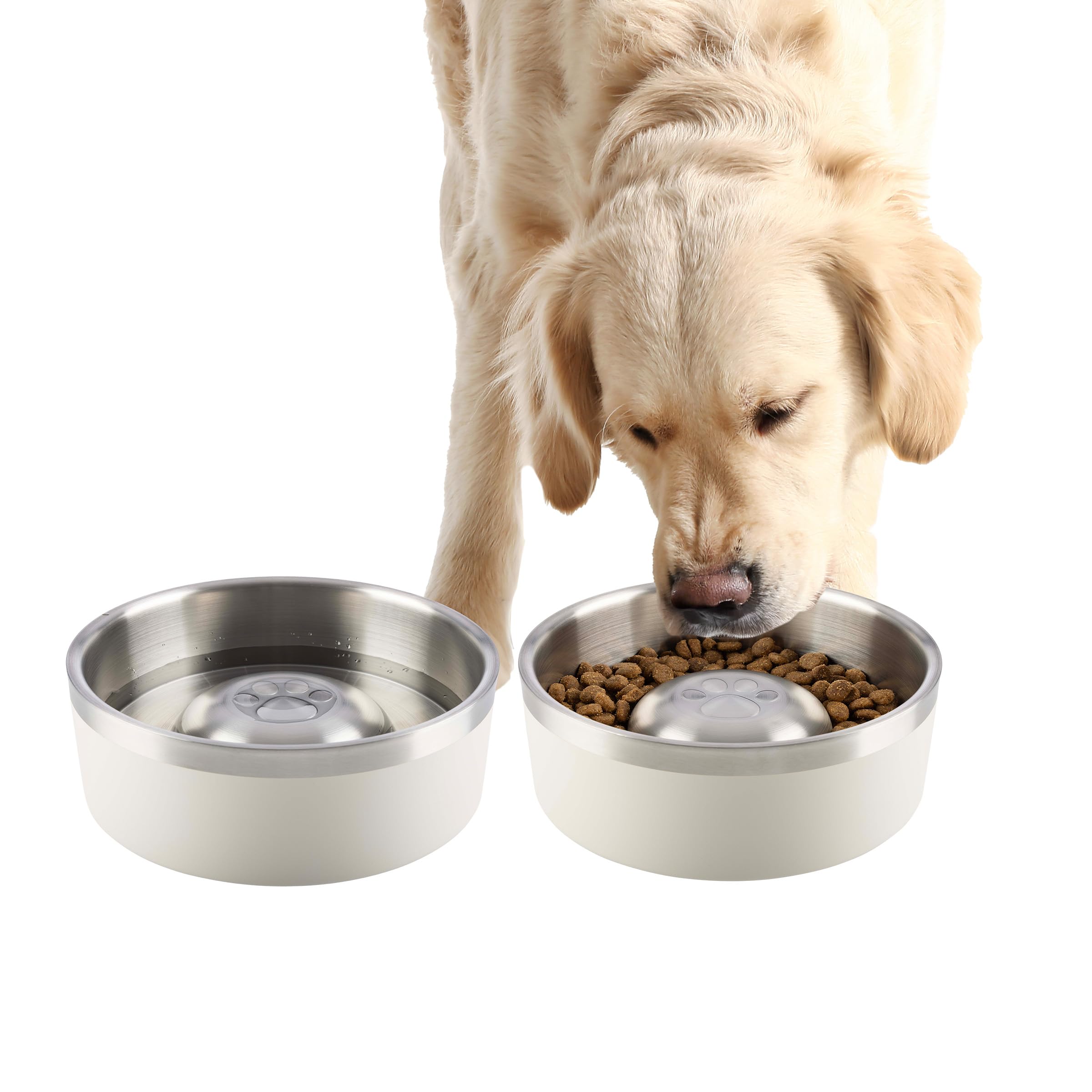 Set of 2 Stainless Steel Slow Feeder Dog Bowls - 60oz/7.5 Cups Double Wall Insulated Food and Water Bowls for Dogs - Non Slip Me