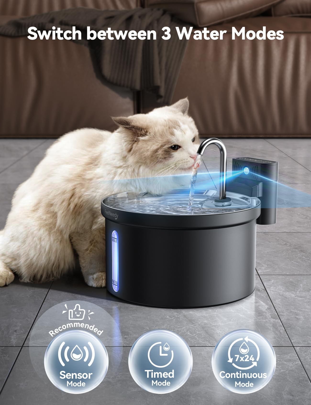 FEELNEEDY Wireless Cat Water Fountain - 4000mAh Battery Operated, Motion Sensor, 3.5L Capacity, Black, Model FN-W08L