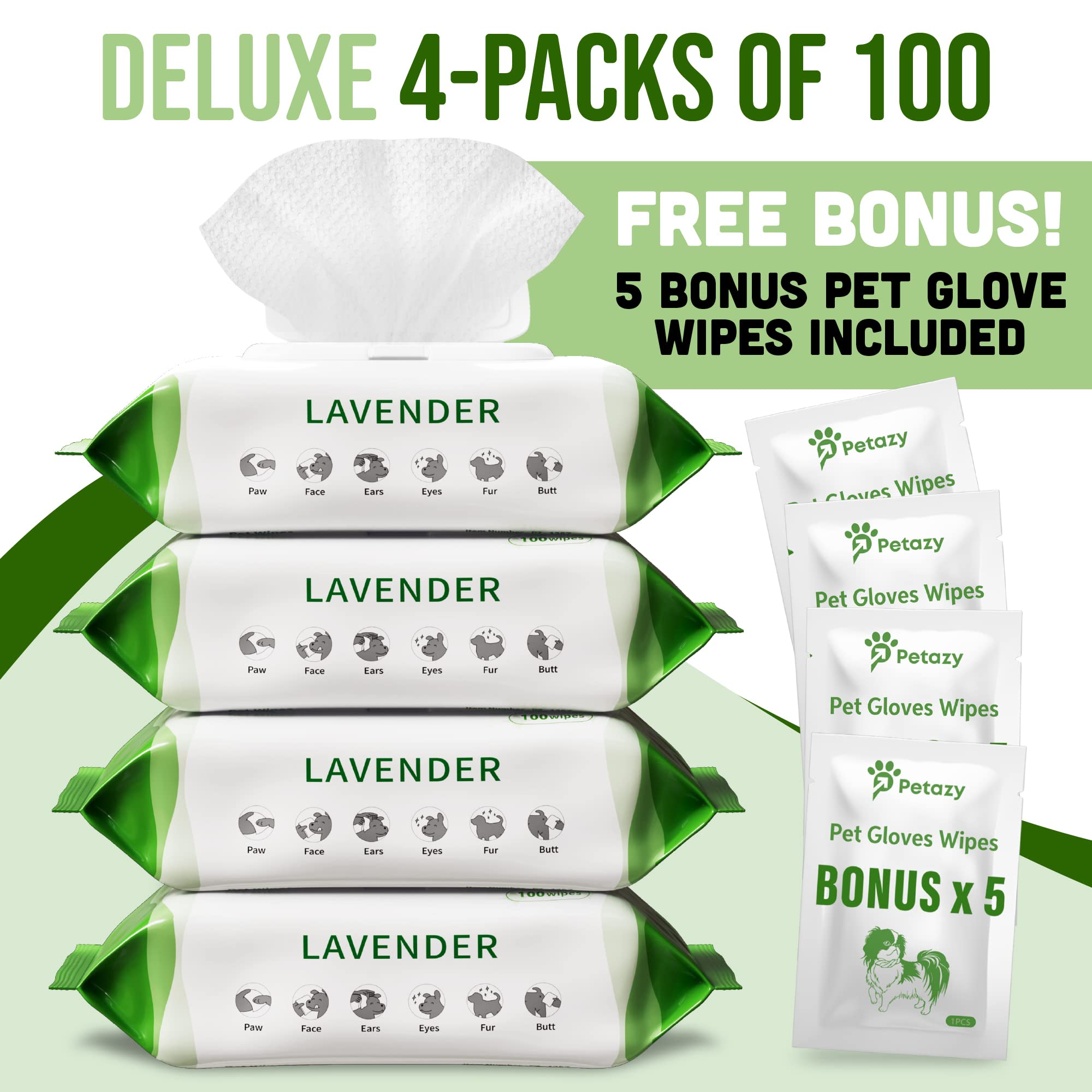 Petazy Dog Wipes - 400 Organic Lavender Scented Cleaning Wipes + 5 Bonus Glove Wipes for Paws, Butt, Ears, and Eyes