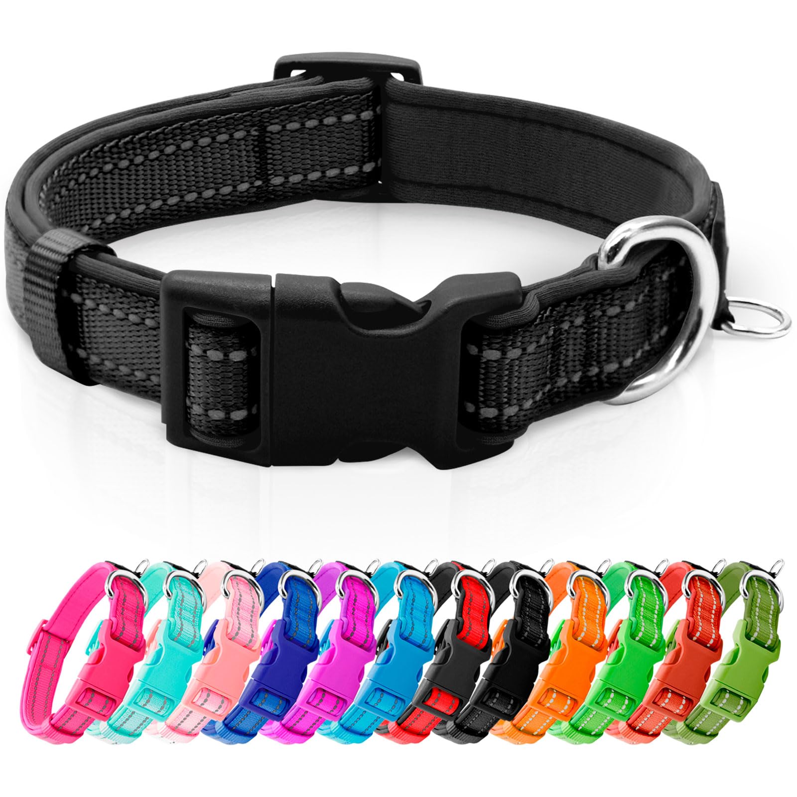 Azuza Reflective Dog Collar,Soft Neoprene Padded Pet Collar With Id Tag Ring,Adjustable For Large Dogs,Black,L