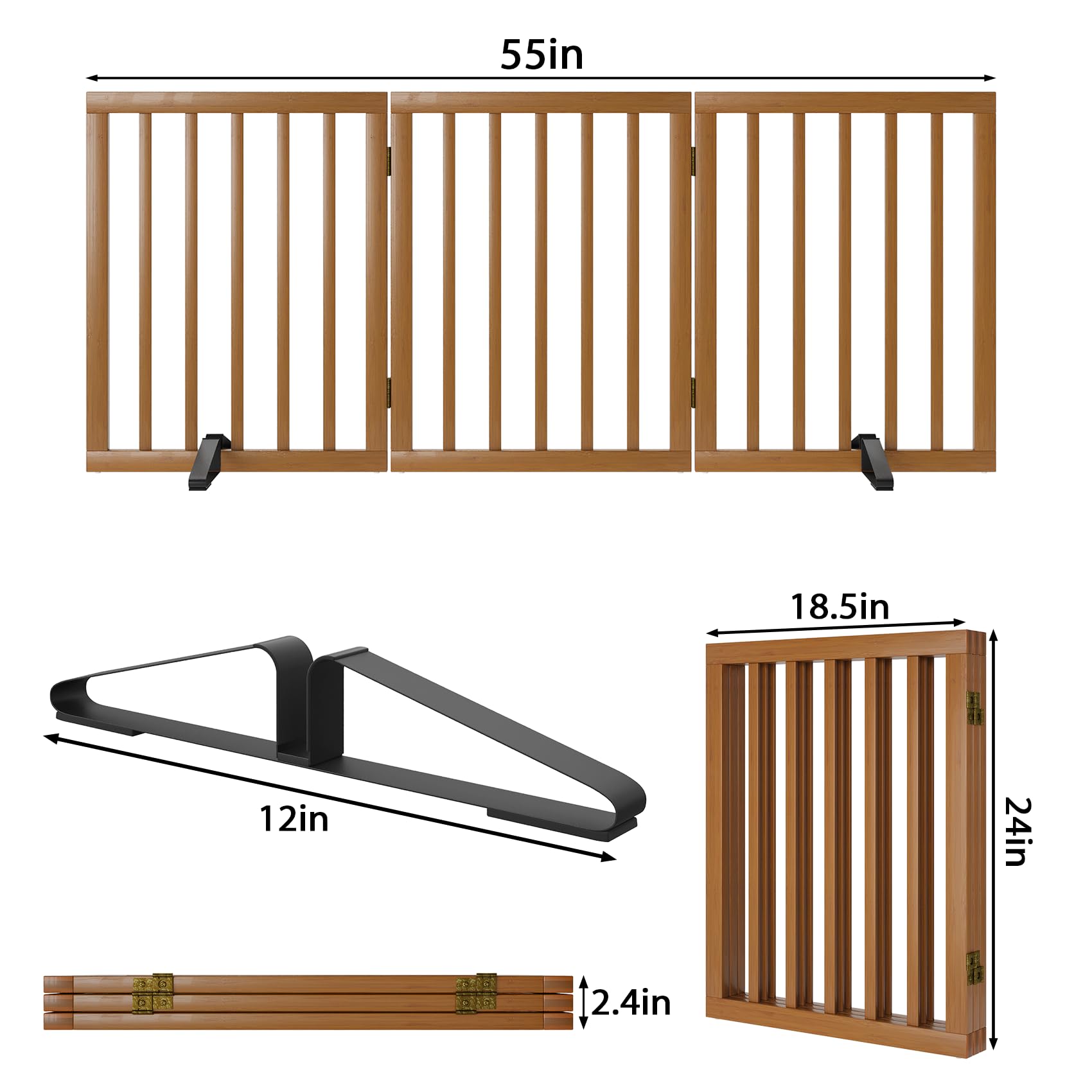 Mino Kesper Freestanding Pet Gate Foldable Dog Gate (55 inches Wide) Walnut Bamboo Dog Gates for Stairs Doorways House (2 Suppor