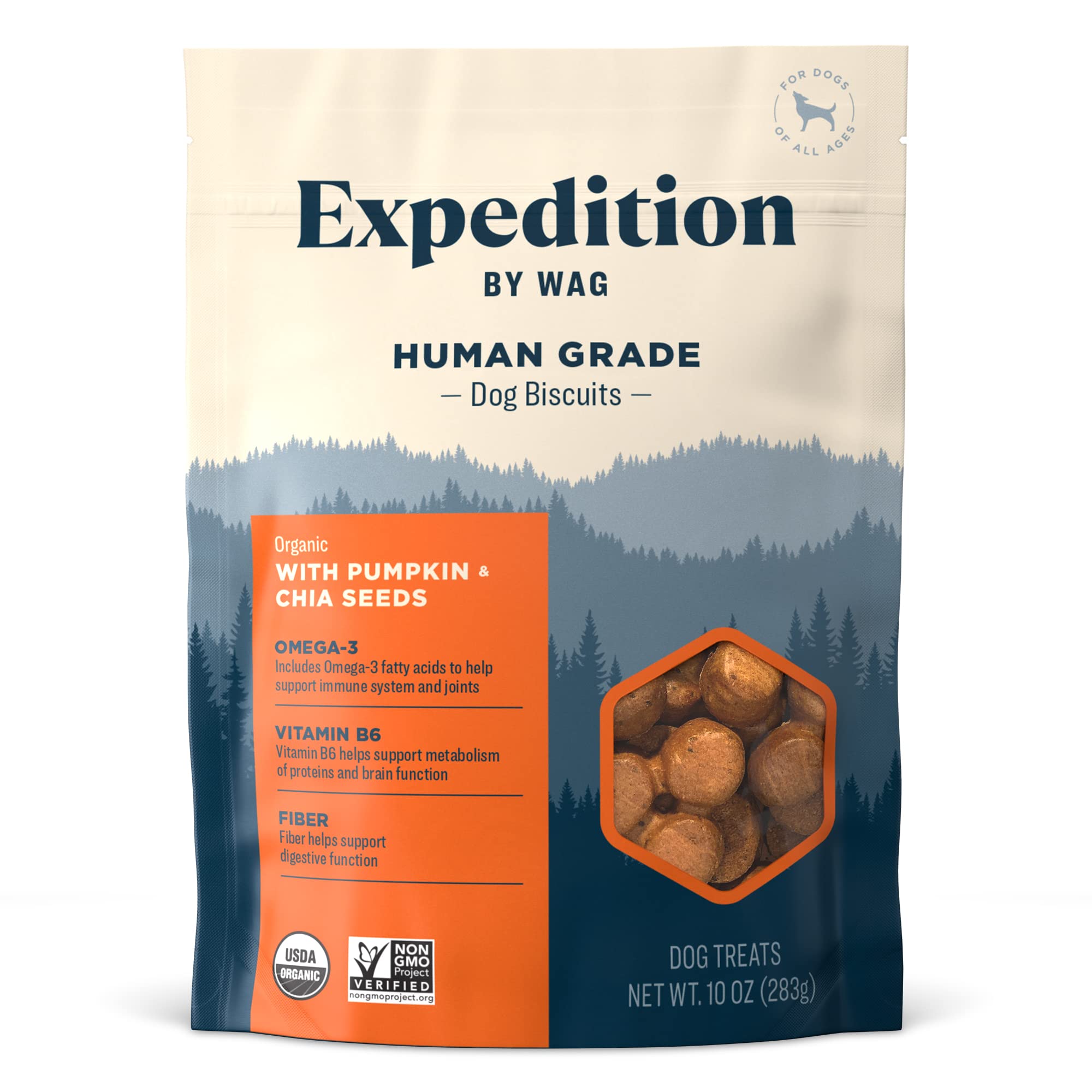 Amazon Brand - Wag Expedition Human Grade Organic Biscuits Dog Treats, Non-GMO, Pumpkin & Chia Seed, 10 oz, Pack of 1