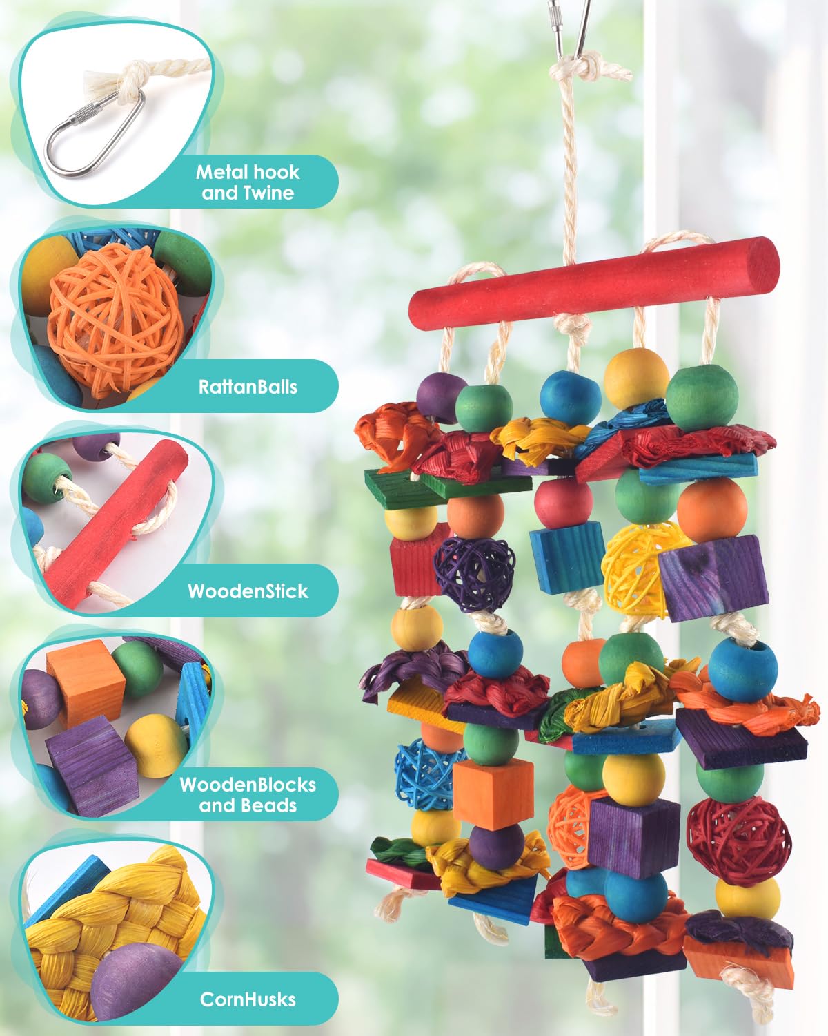 Dbness Bird Toys, 3Pcs Parrot Foraging Hanging Toy, Multicolored Natural Wooden Blocks Parakeet Chewing Toys Mit Rattan Wicker B