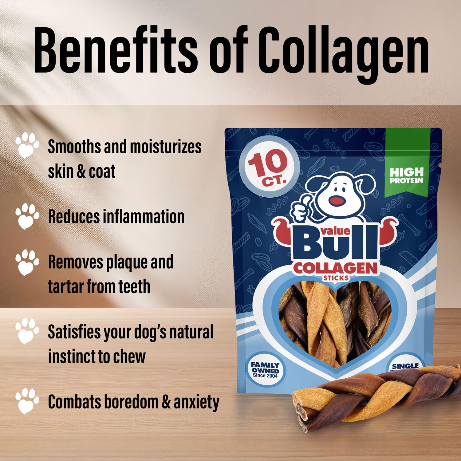 ValueBull Collagen Braided Sticks for Dogs, 6 Inch Medium Chews, Natural Long-Lasting Dog Treats, 25 Count Bulk Pack - Supports