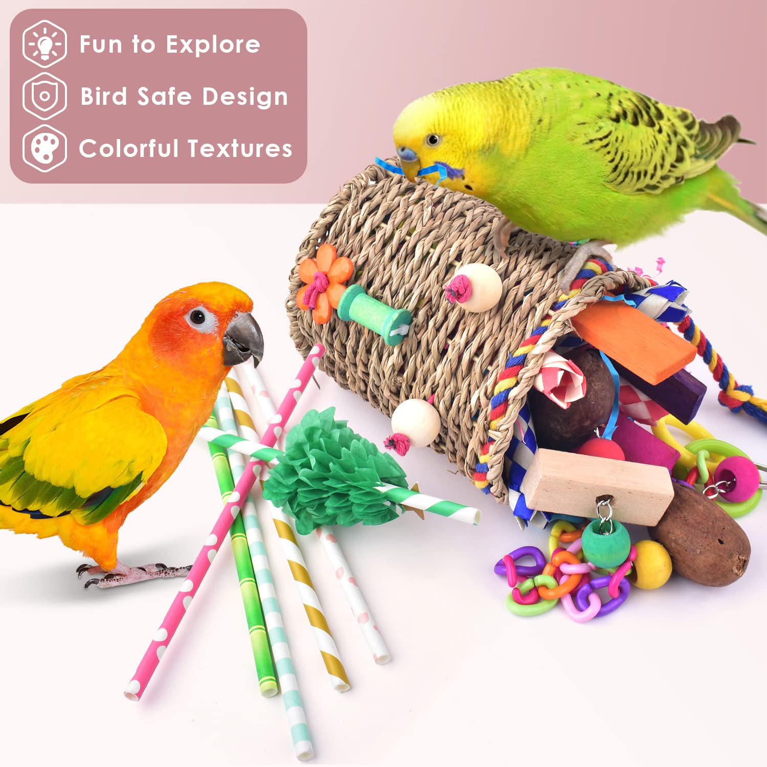 KATUMO Bird Foraging Toys, Seagrass Basket Bird Toy with Array of Chewable Parrot Toys for Small Medium Parrot Birds
